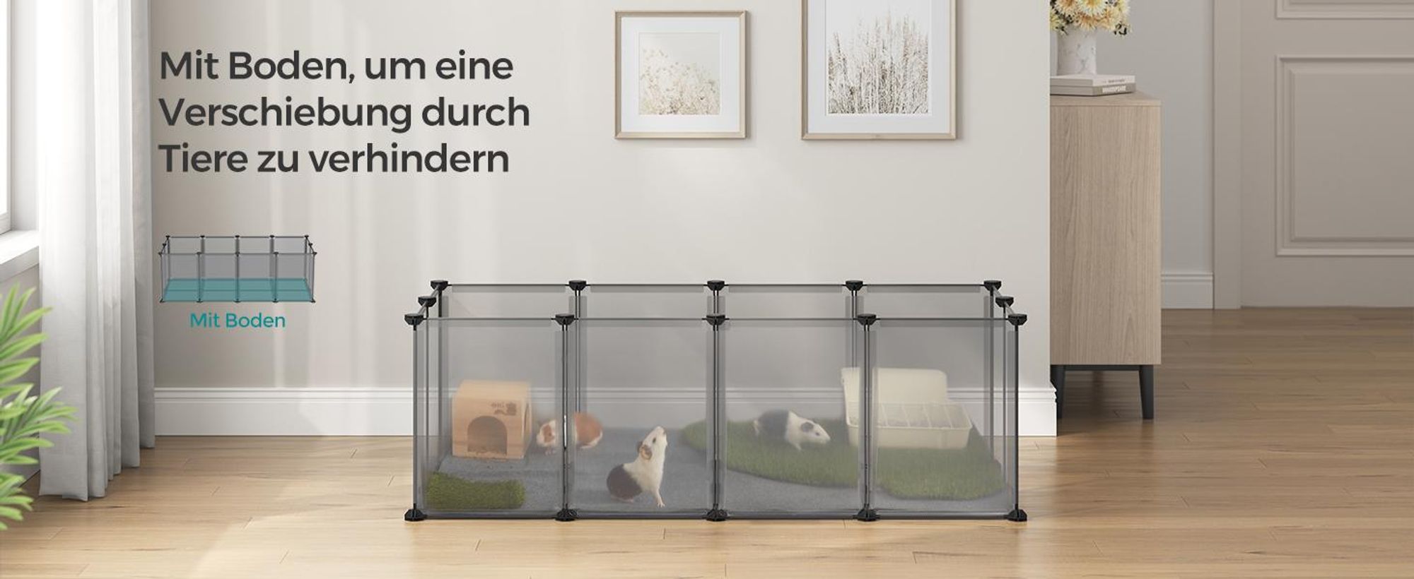 SONGMICS Kleintierkäfig, Freigehege mit Bodenplatten, 125 x 63 x 42 cm, grau