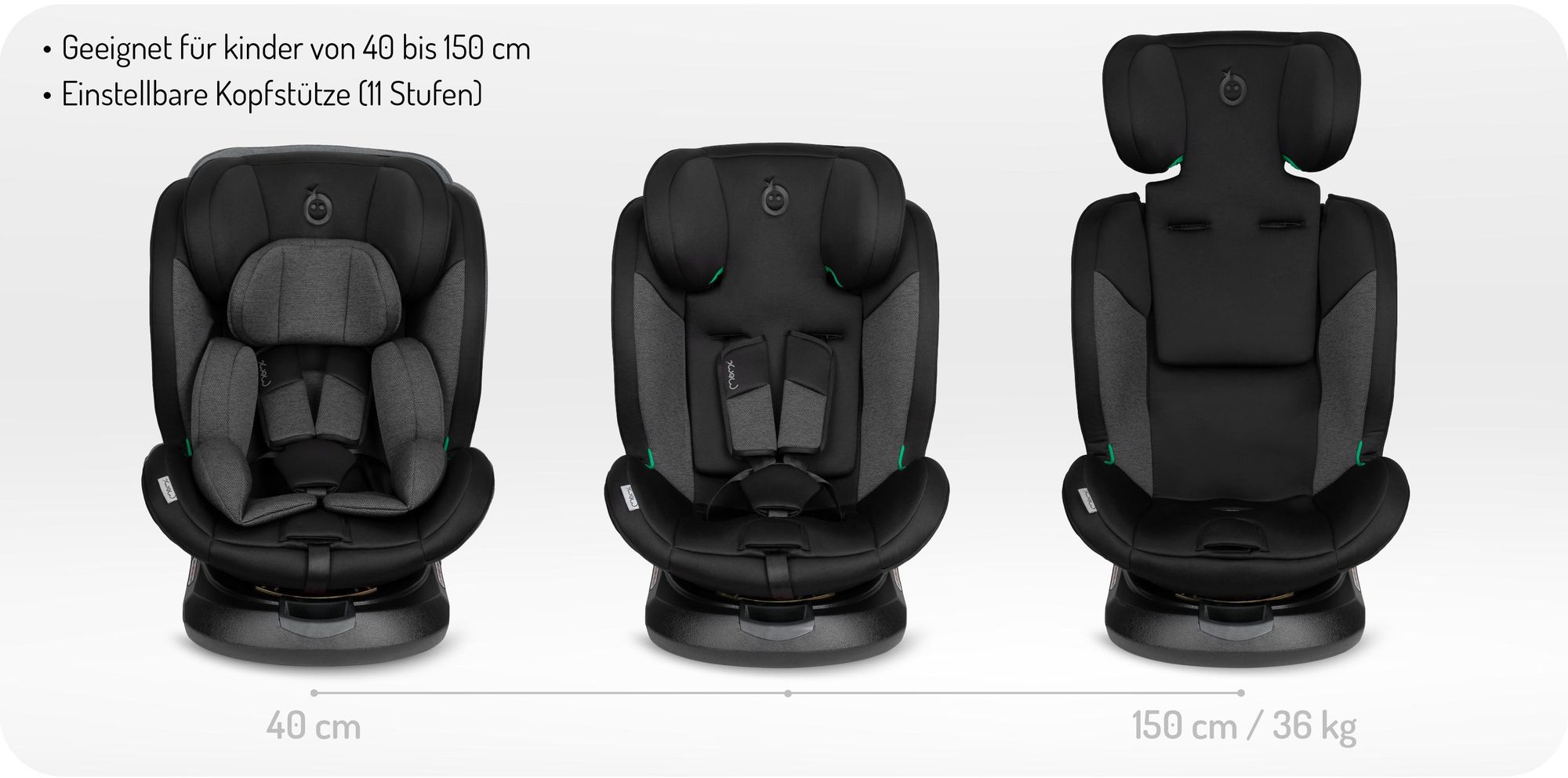 MoMi EMI – i-Size Kindersitz 40–150 cm (0–36 kg), 360° drehbar, ab Geburt rückwärts & vorwärts nutzbar, mit ISOFIX & Top Tether – Schwarz