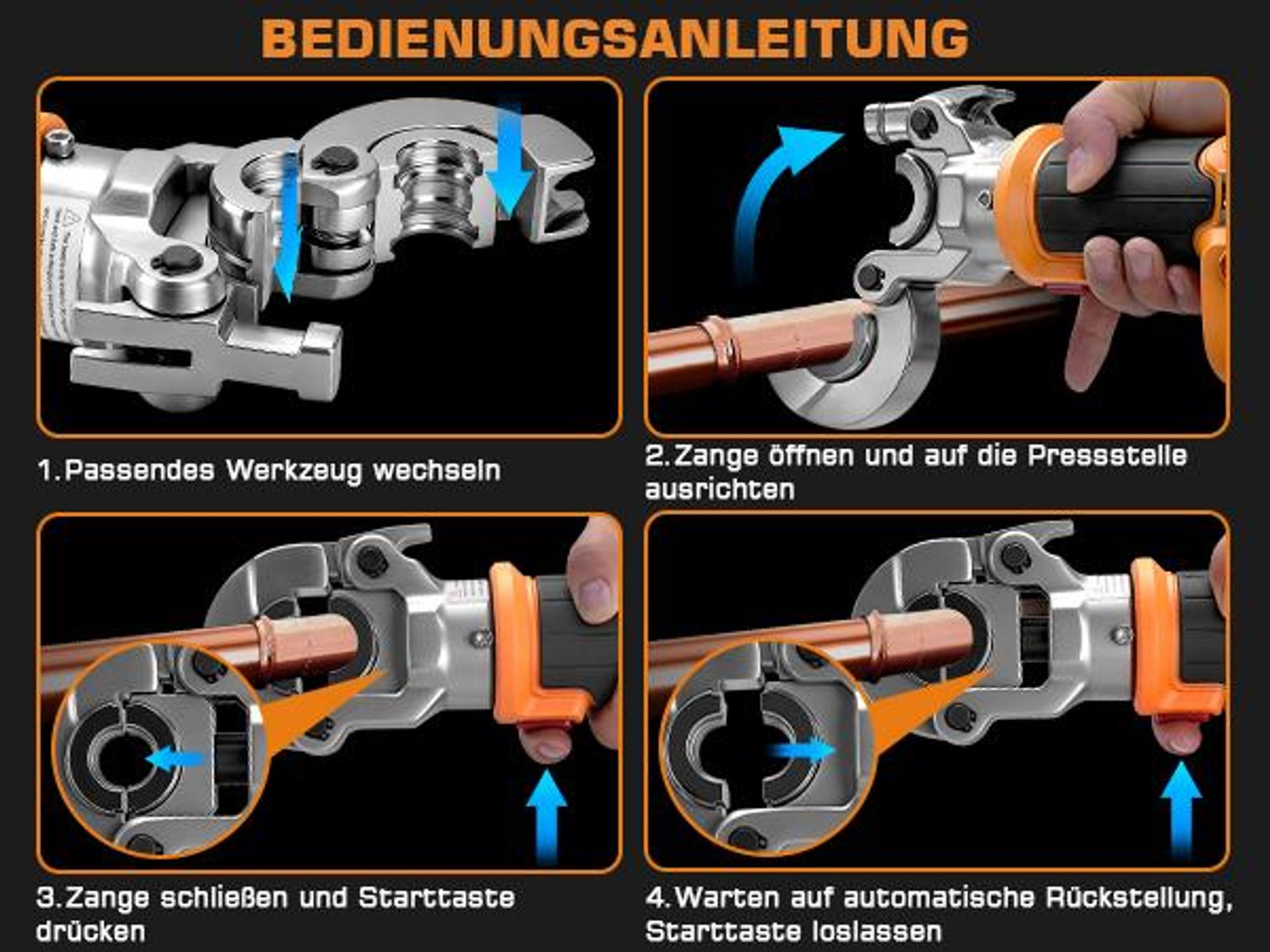 Elektro Presszange mit TH-Kontur (TH16, TH20, TH26, TH32) V-Kontur (V12, V15, V18, V22, V28) für Kupferrohre Edelstahlrohre Verbundrohr, Crimpzange