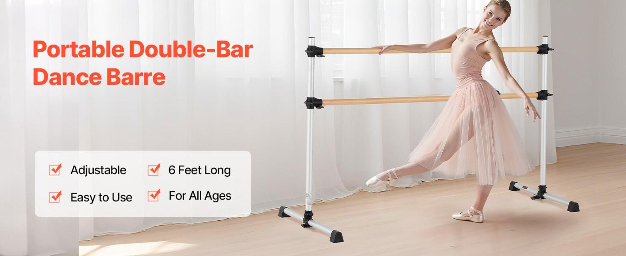 VEVOR Ballettstange Tanzstange freistehende Doppelstange, höhenverstellbare (170-1165 mm) Stretchstange aus Holz für Ballettübung, Gleichgewichtstraining, Entspannungsübungen