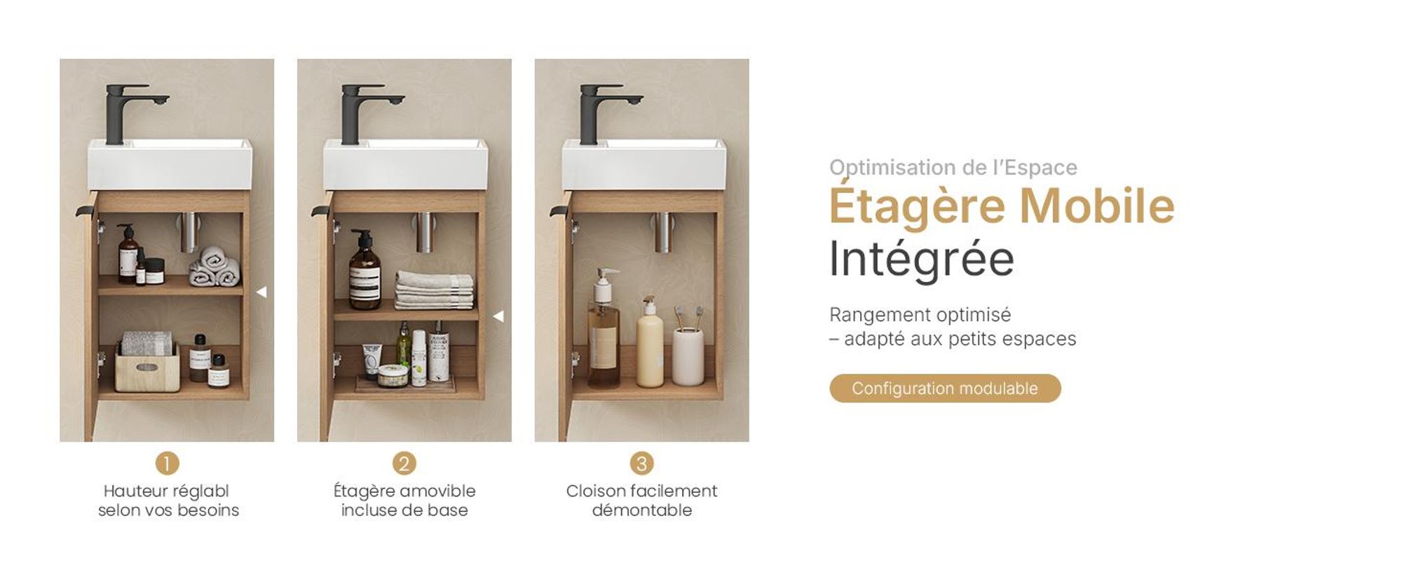 EMKE Ensemble de lavabos Meuble sous-lavabo avec vasque en céramique 417×240×646 mm suspendu, Soft-Close, chêne Sonoma