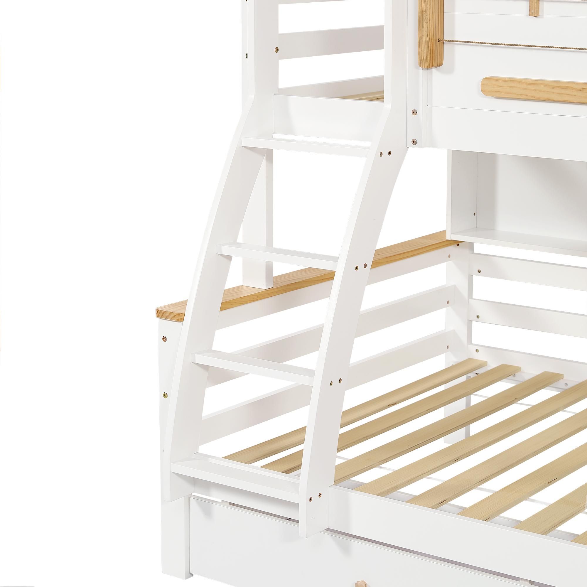 Flieks Etagenbett 90x200cm/120x200cm, Kinderbett Hausbett mit 2 Schubladen und Regal, Hochbett Holzbett Stockbett mit Lattenrost, Naturbelassen