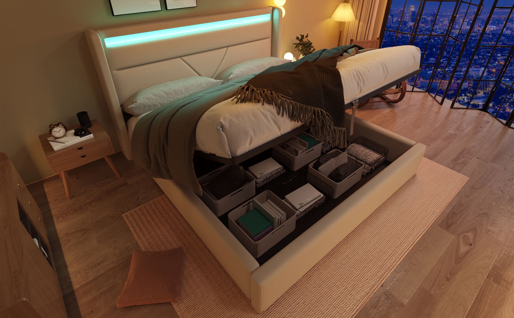 MODFU Boxspringbett 140x200cm Polstebett Doppelbett  mit LED-Beleuchtung,Stauraumbett mit Bettkasten & t Lattenrost,Weiß (ohne Matratze)