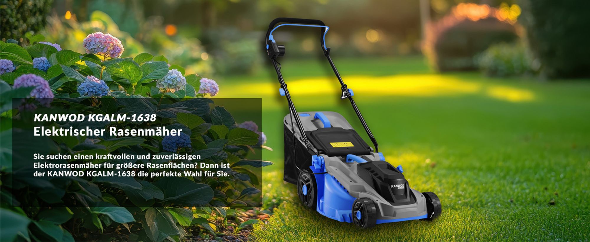 Kanwod 1600 W Elektro Rasenmäher mit 38 cm Schnittbreite, 5-stufige Schnitthöhenverstellung 30-75 cm, 42 Liter Grasfangkorb, bis 1000 m²