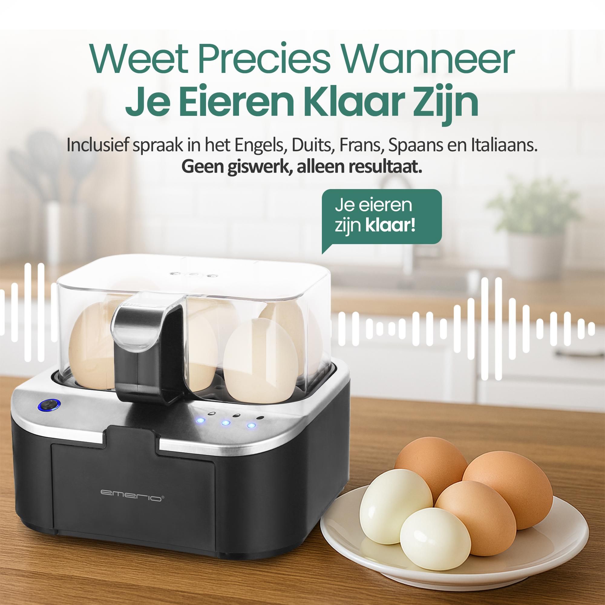 Emerio Smart Eierkoker EB-123177.12 – 6 Eieren – 400 W – Spraakfunctie – Zacht, Medium & Hard – Inclusief Maatbeker