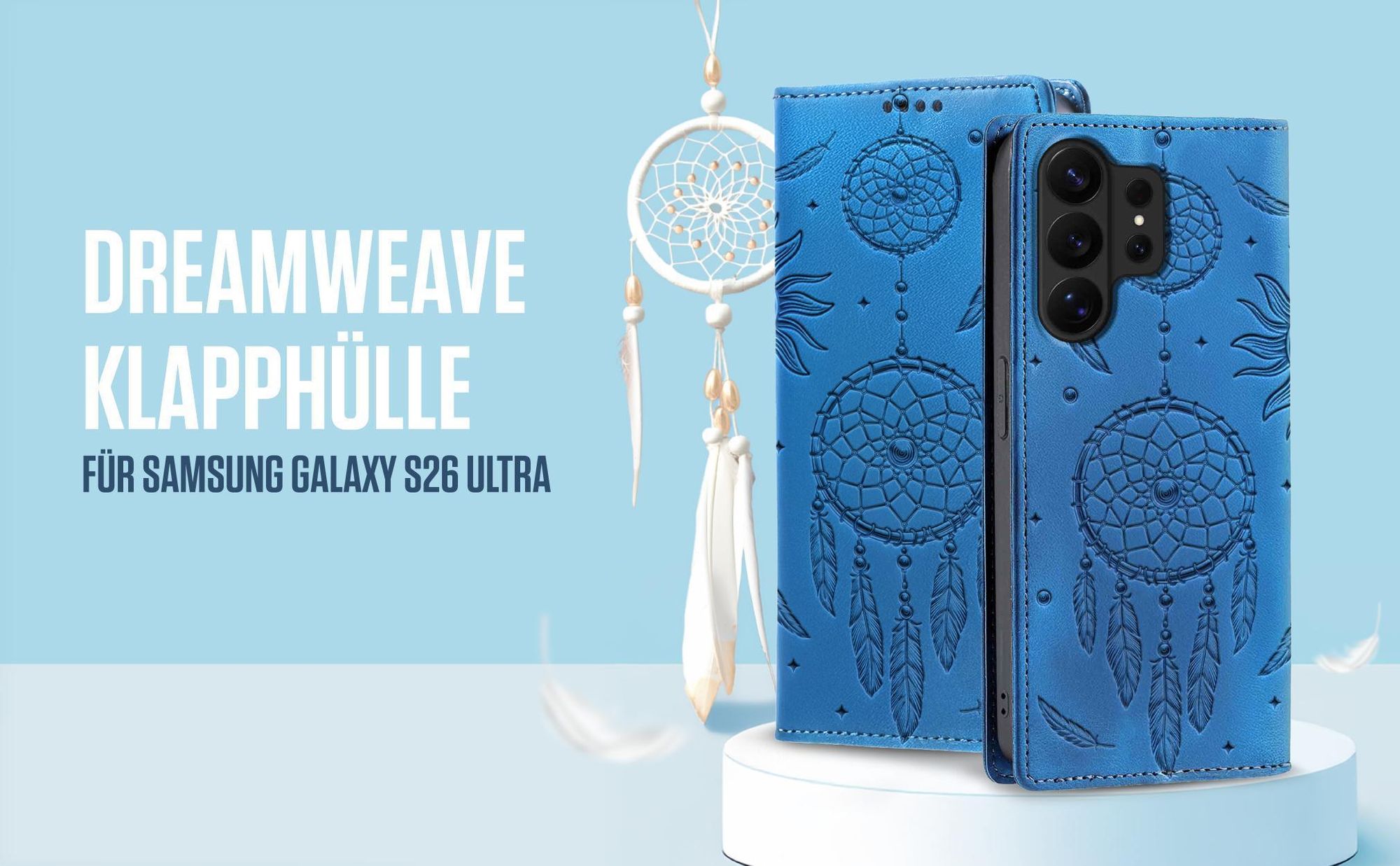 Blaue Klapphülle für Samsung Galaxy S26 Ultra mit feiner Traumfänger Prägung