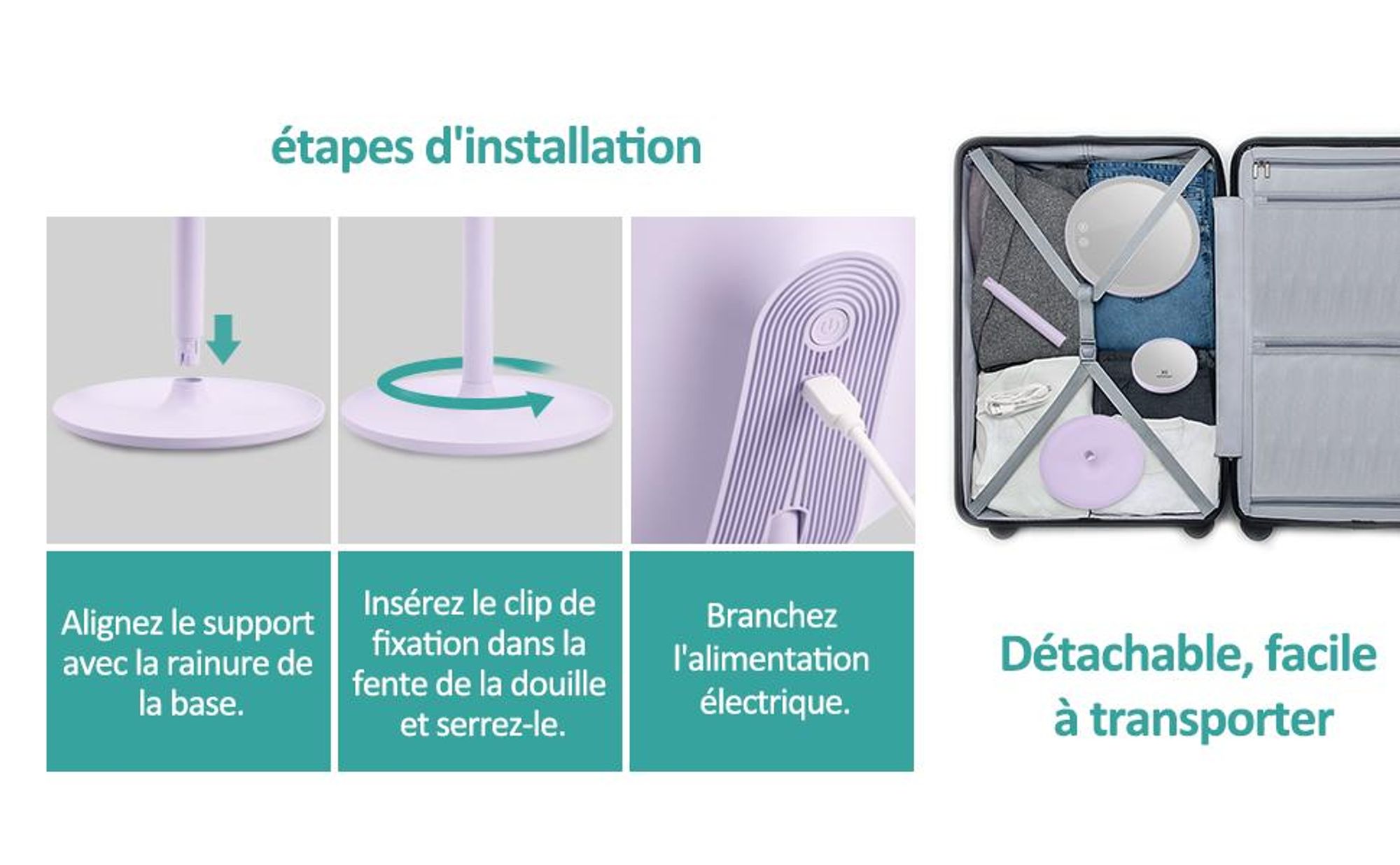 EMKE Miroir cosmétique LED avec 3 couleurs de lumière, grossissement 1/3x, interrupteur tactile et fonction mémoire, loupe pour miroir de salle de bain(Violet)