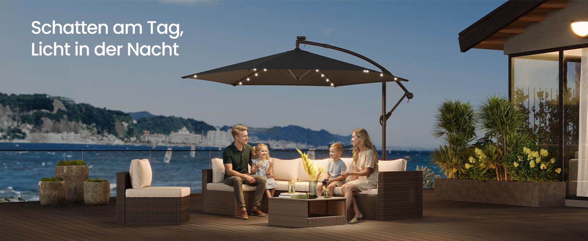 SONGMICS Ampelschirm 350 cm, mit Beleuchtung, UV-Schutz UPF 50+, Sonnenschirm mit Ständer, für Garten Terrasse, Kurbel, grau