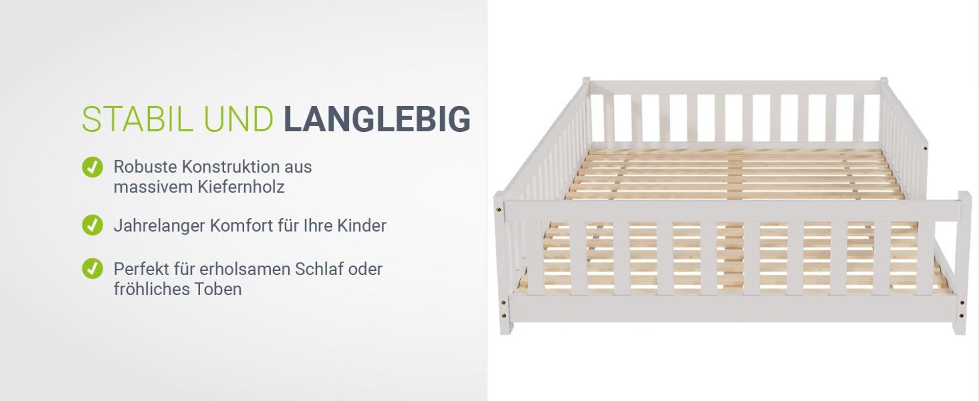 Juskys Kinderbett Naya 140x200 cm mit Rausfallschutz & Lattenrost - Holz Bodenbett Weiß