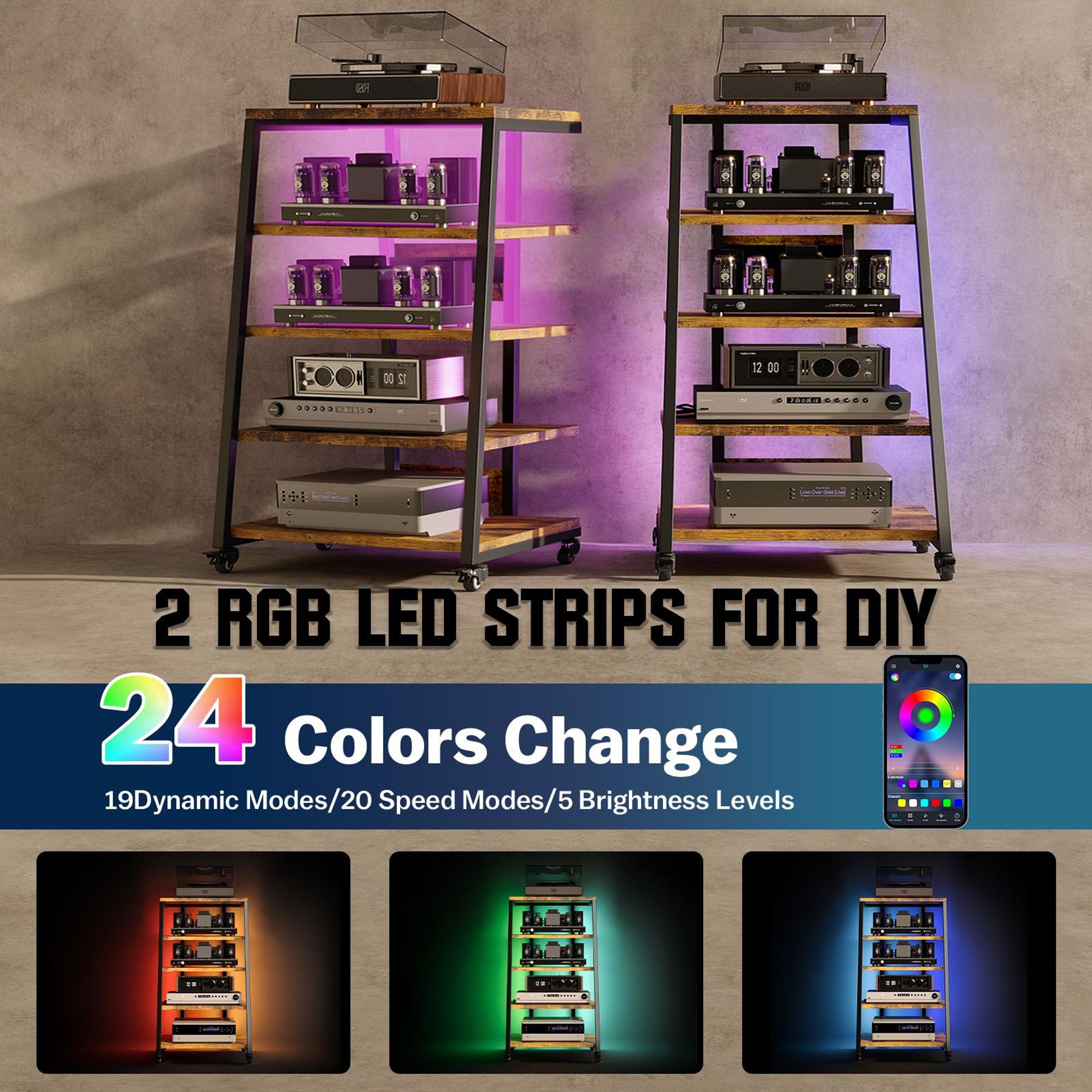 5-stufiger HiFi Rack mit Rädern, Plattenspieler Tisch mit Steckdosenleisten, LED-Leuchten, Verstellbaren Ablage Holz Medienständer HiFi
