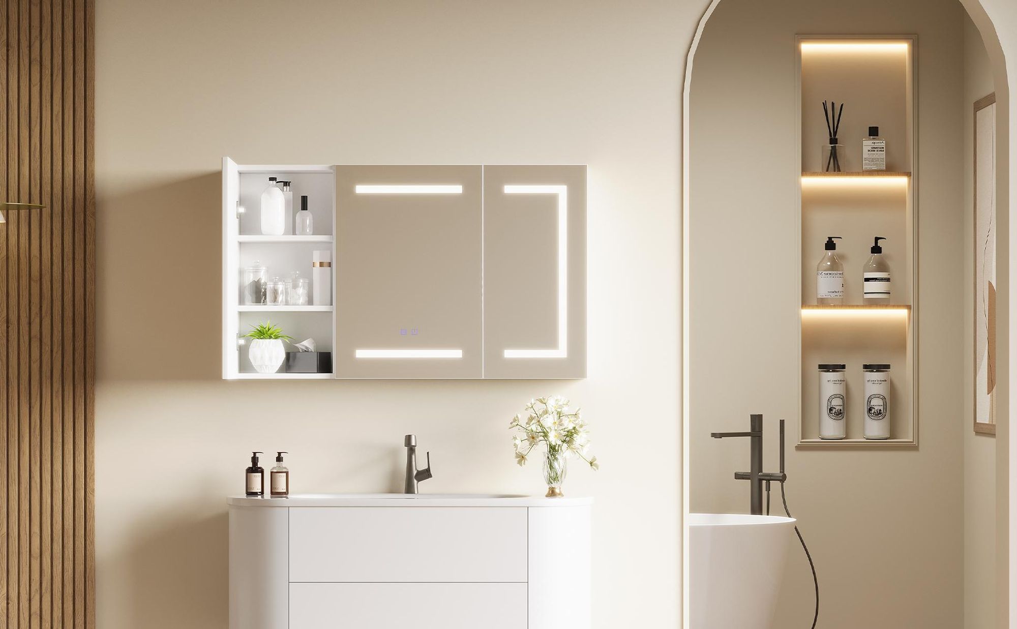 INONEFT Spiegelschrank Bad mit Beleuchtung, 100x60 cm Badezimmerschrank, 3 Türen, Anti-Beschlag, Steckdose, 3 Farbtemperaturen, Touch-Sensor, Modell A