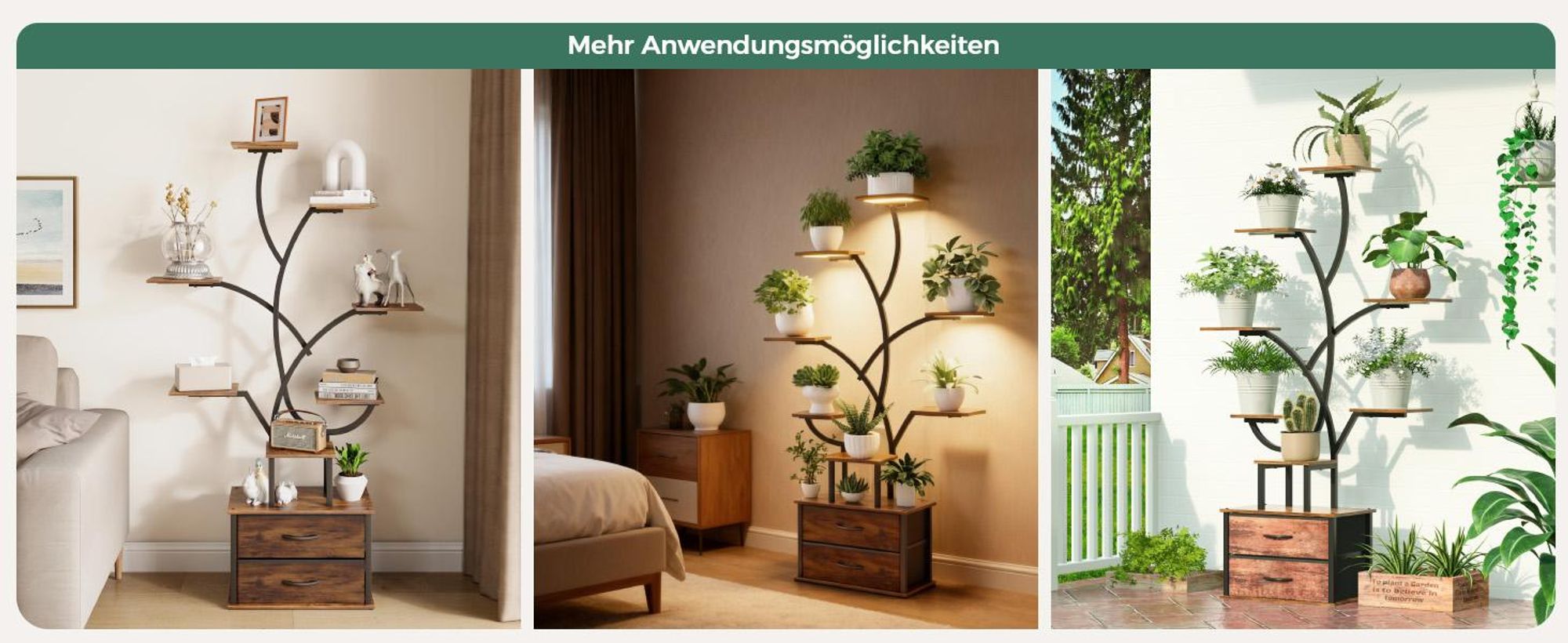 Mondeer Pflanzenregal 160cm, mit LED-Lampe, 9 Etagen & 2 Schubladen, Schwarz-Braun