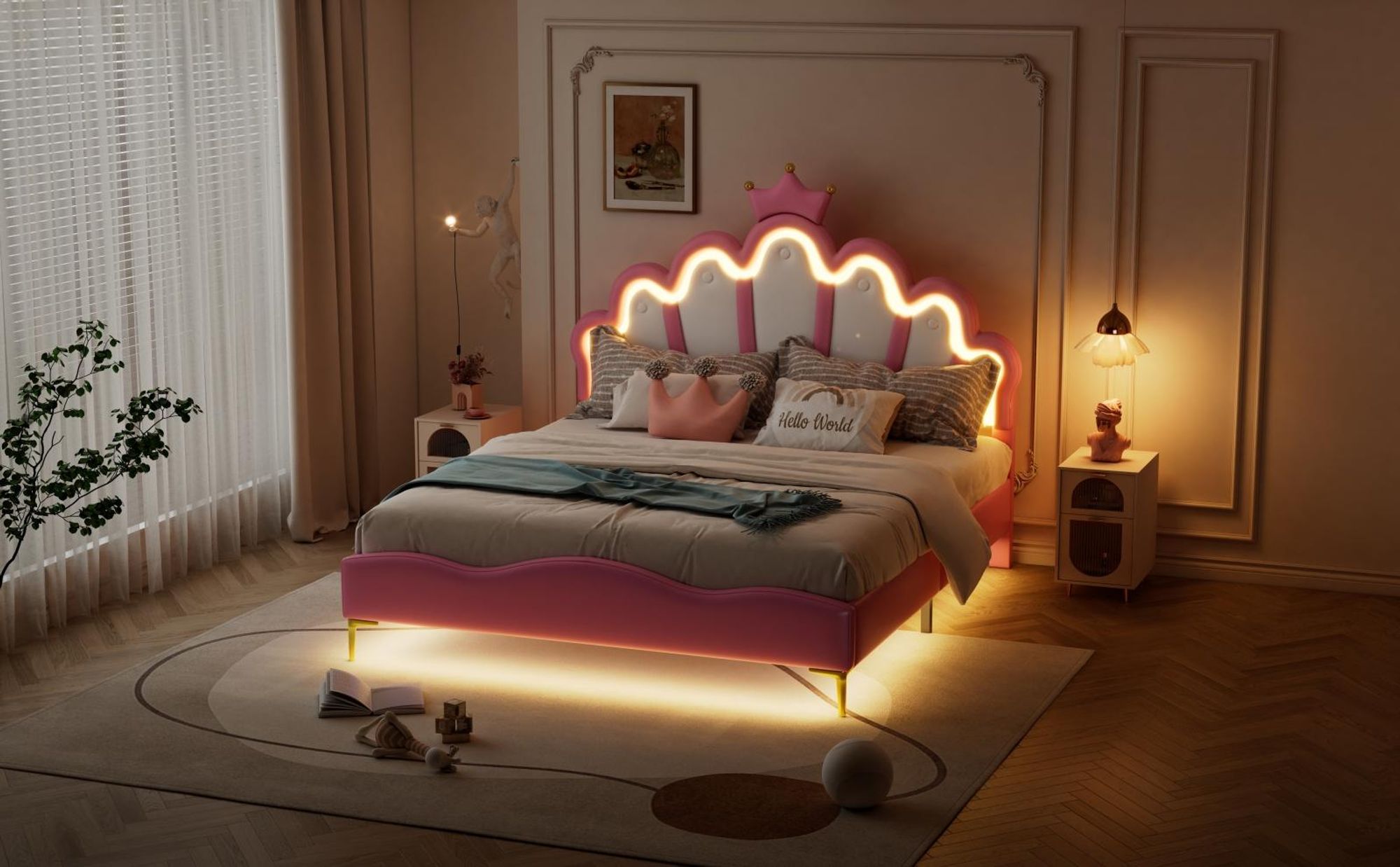 INONEFT Kinderbett Polsterbett 140x200 cm, Mädchenbett Prinzessinnenbett mit LED, Höhenverstellbares Kopfteil, Jugendbett Kronen-Design, PolyurethanRosa