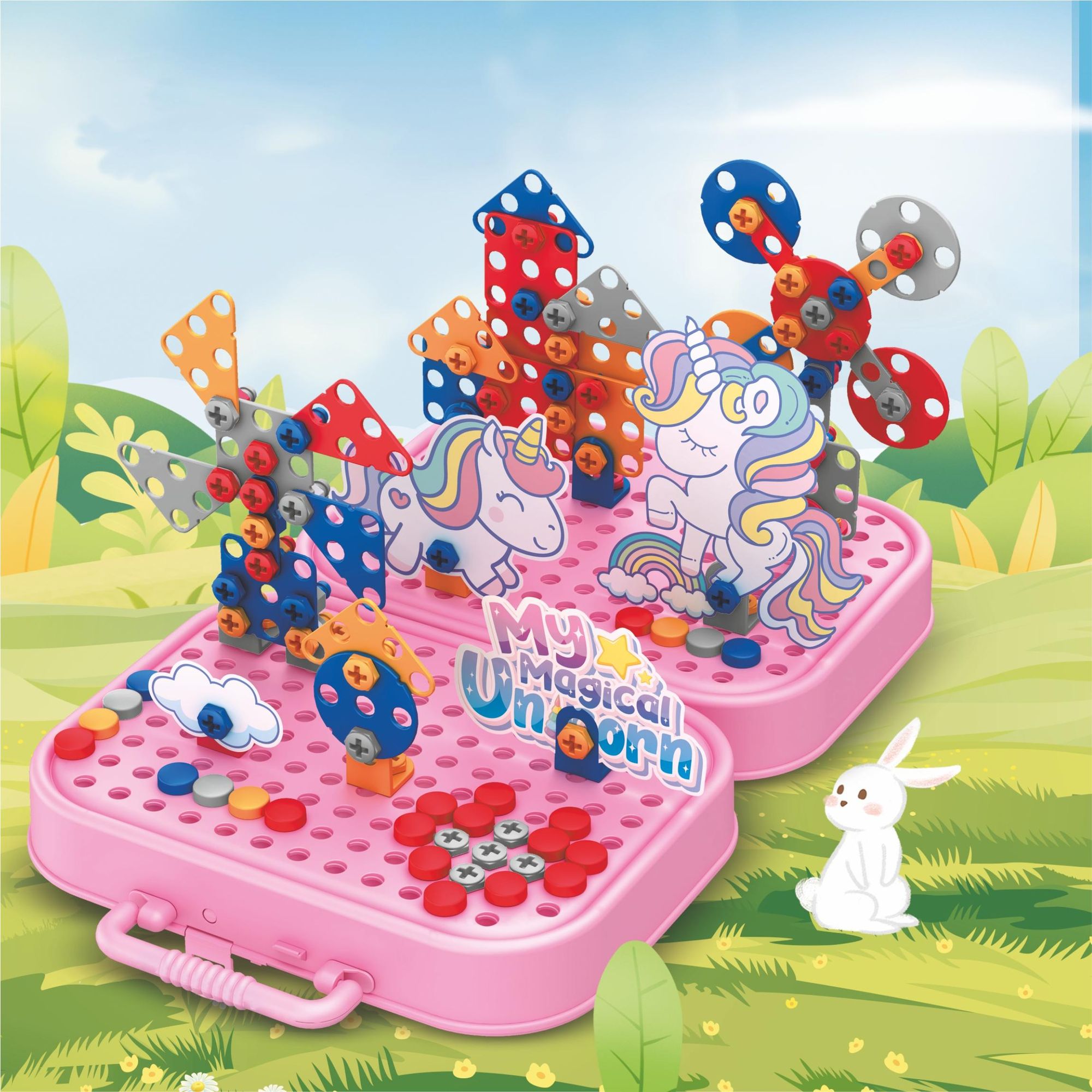 Einhorn Konstruktionsspielzeug 228 Teile, Montessori Werkzeugkasten mit Elektroschrauber, 3D Mosaik Steckspiel ab 3 Jahren, EVI TOYS Unicorn