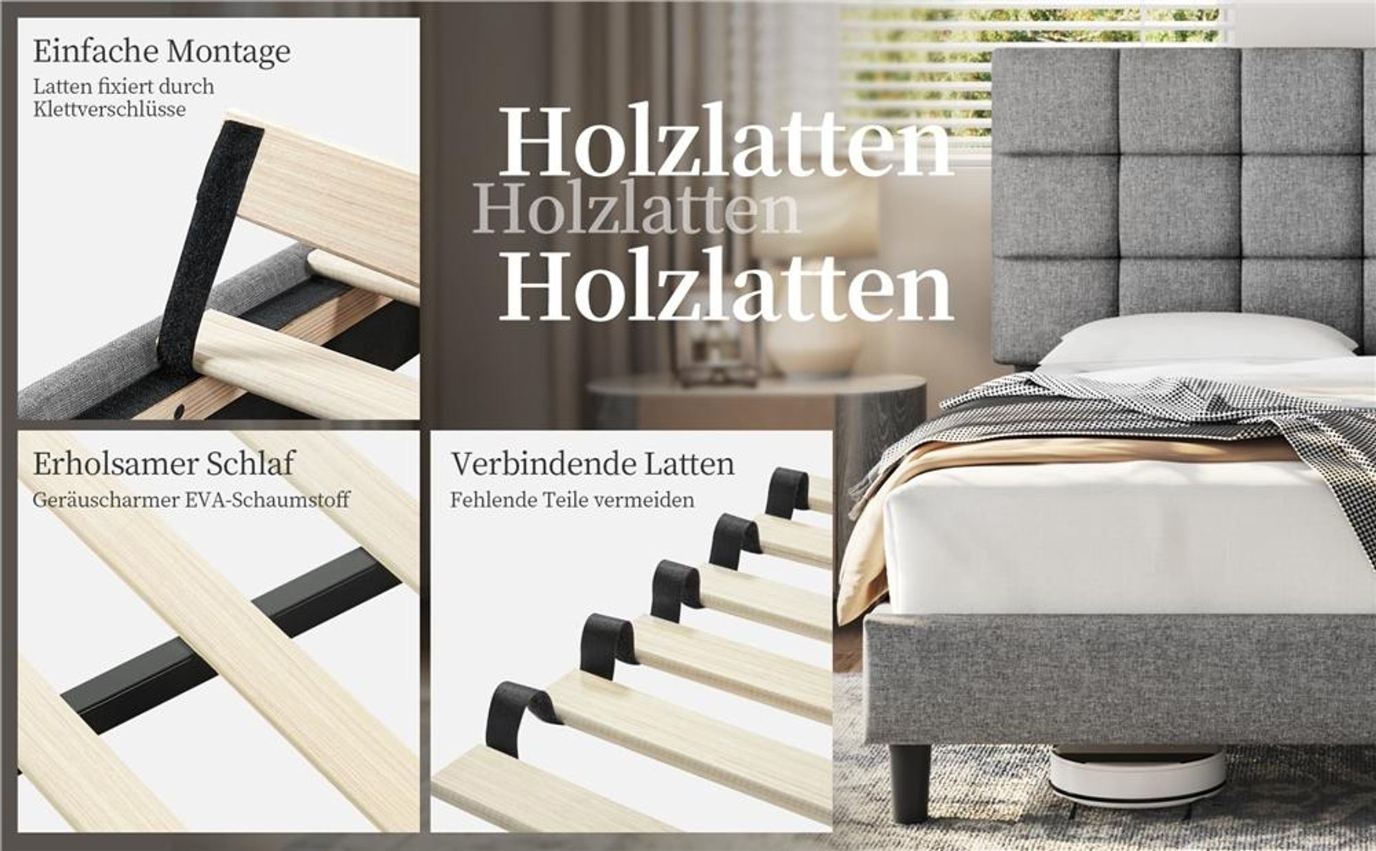Yaheetech Polsterbett Doppelbett mit Höhenverstellbarem KopfteilStabiler Bettrahmen Stoffbett mit Lattenrost Bettgestell 160x200 cm Hellgrau