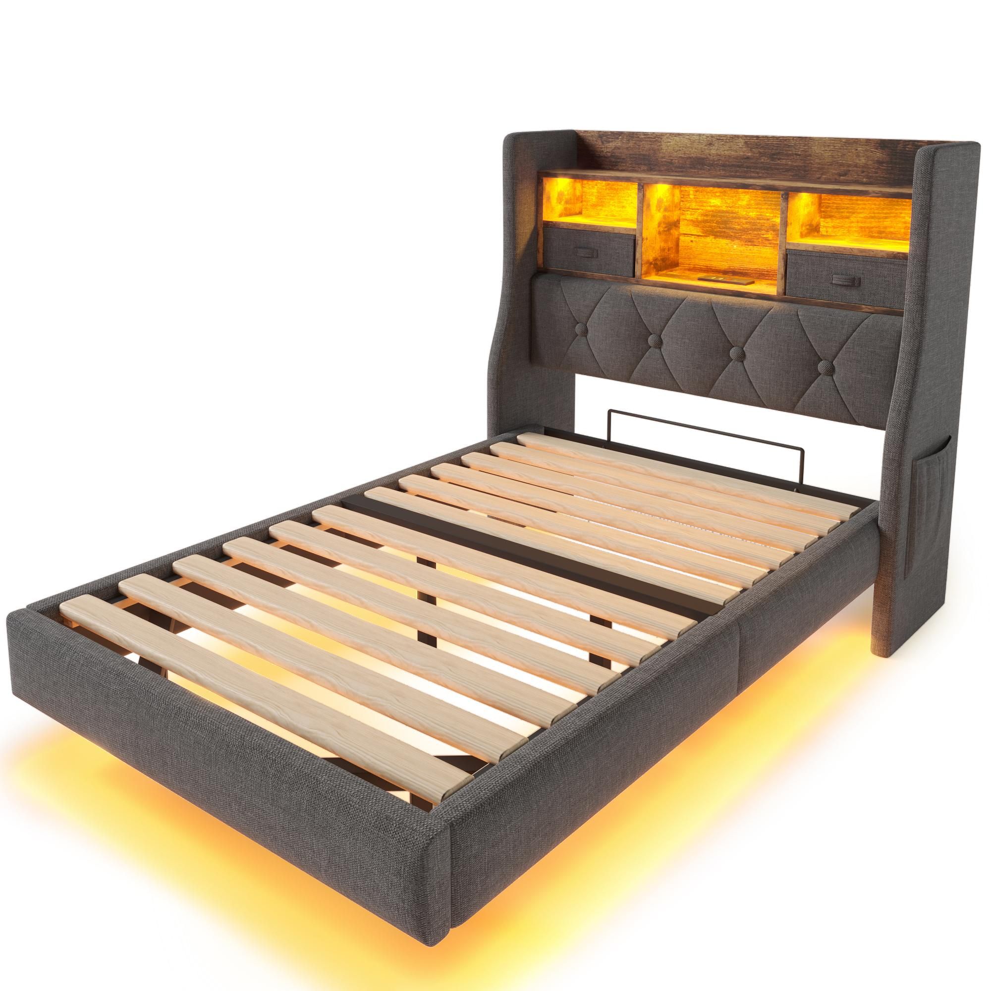 Flieks Polsterbett 90x200cm mit USb & Type-c, Einzelbett Jugendbett mit Led, Holzbett Stauraumbett mit Ablagen und Schubladen, Leinen, Grau