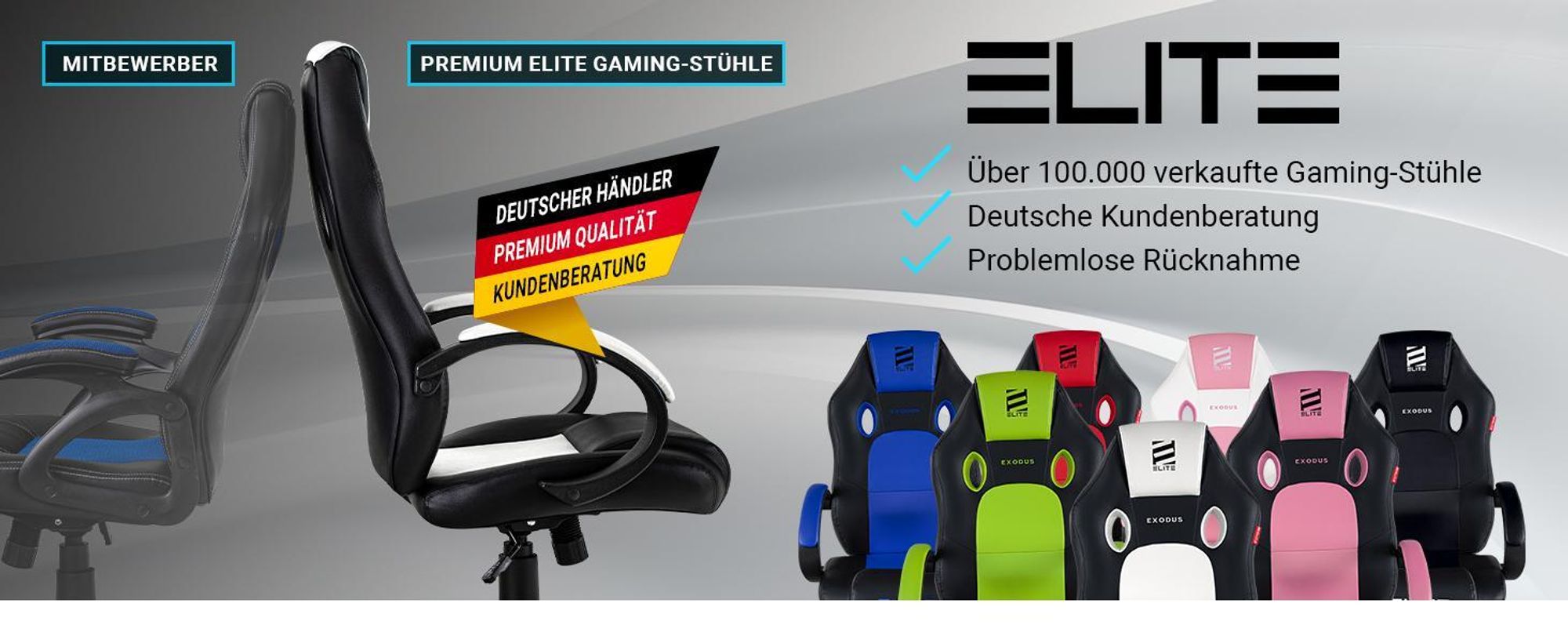 Elite Gaming Stuhl EXODUS | Bürostuhl Ergonomisch - Schreibtischstuhl - PC Gamer Racing Stuhl - Gaming Sessel - Computerstuhl - Belastbar bis 150 kg