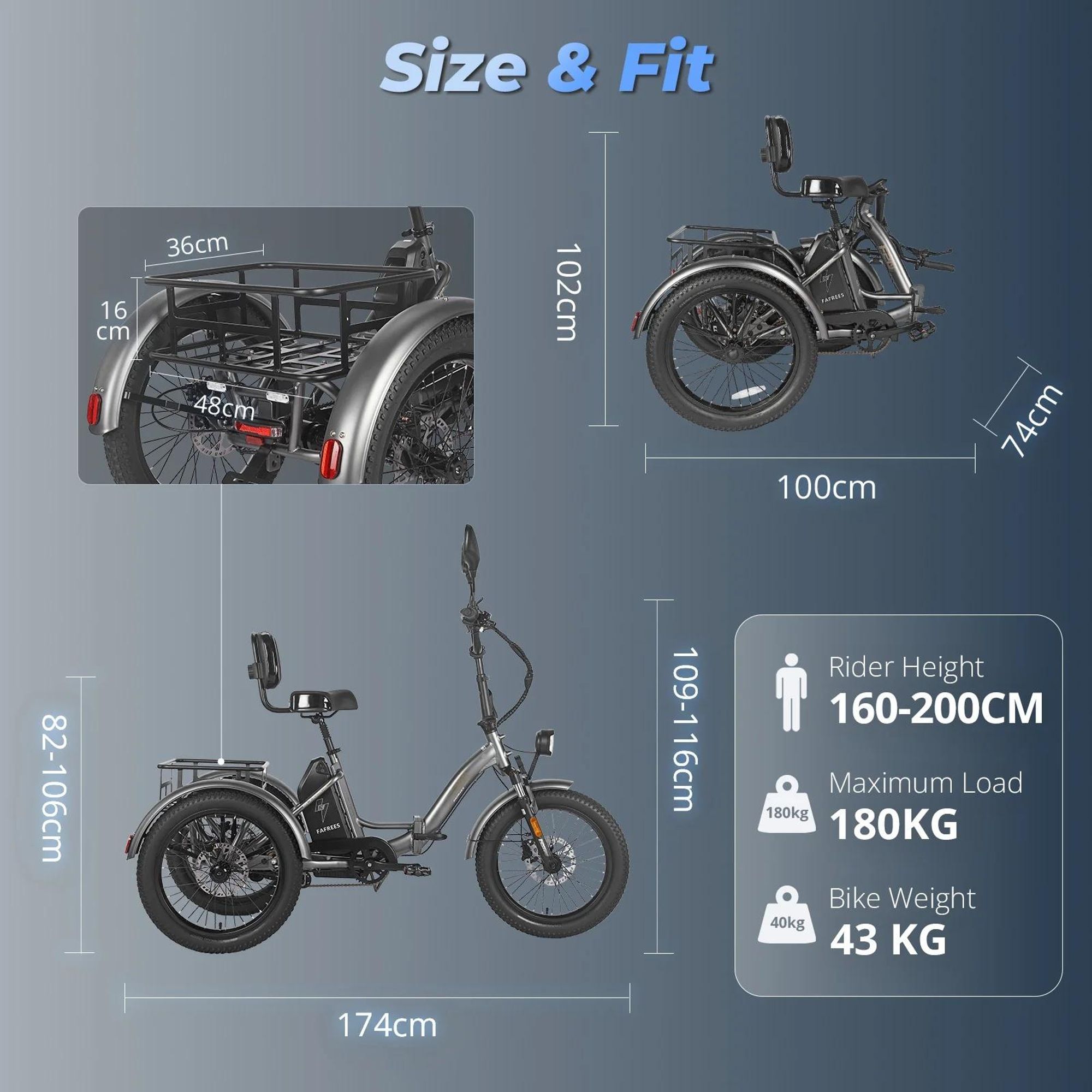 FAFREES F20 Elektrická Tříkolka - Baterie 48V23.45AH 20 Palcové Pneumatiky Sedadlo s Opěrkou - Šedomodrá