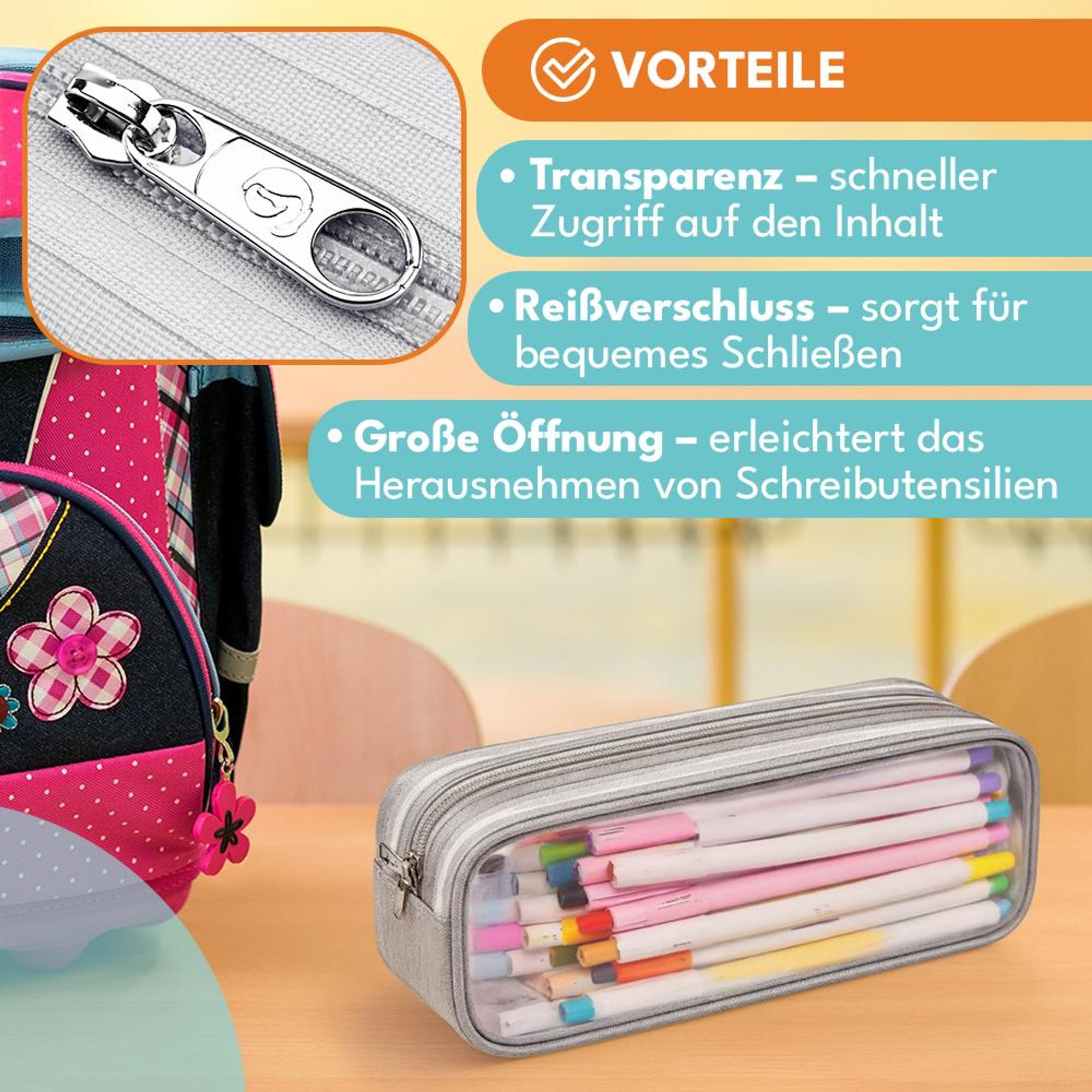 KRUMAD Transparentes Federmäppchen, Großes Etui für Stifte, Schulsachen, Kosmetiktasche, Leicht, Wasserabweisend, Grau 23 x 10 x 6,5 cm