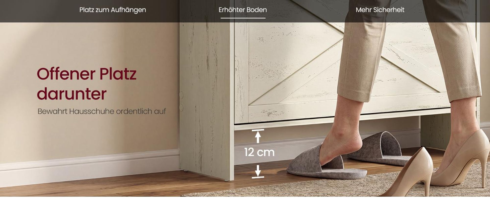 VASAGLE Schmaler Schuhkipper mit 3 Klappen, Landhausstil für 24 Paar Schuhe, 83 x 24 x 142,6 cm, Weiß