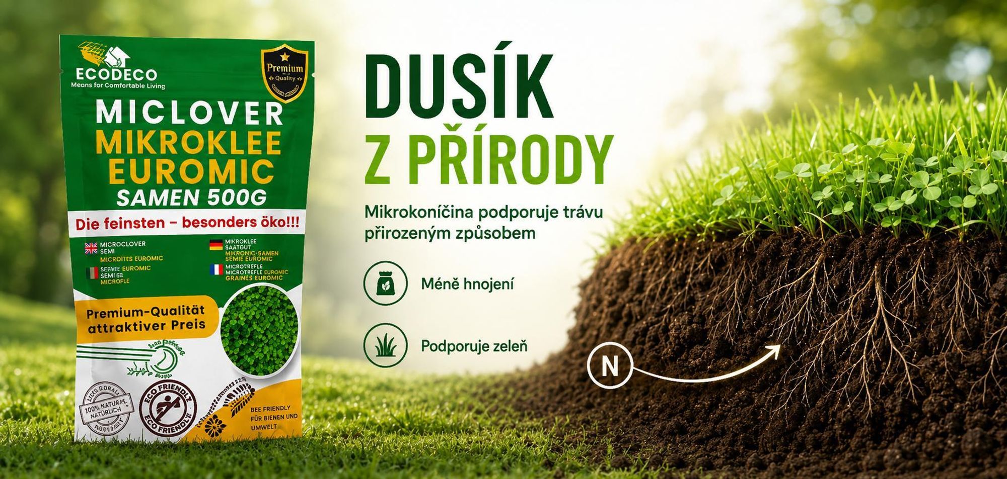 EcoDeco mikrý jetel Abbergreen, drobnolistná mikrokonvičina pro zahuštění a posílení trávníku, 500 g