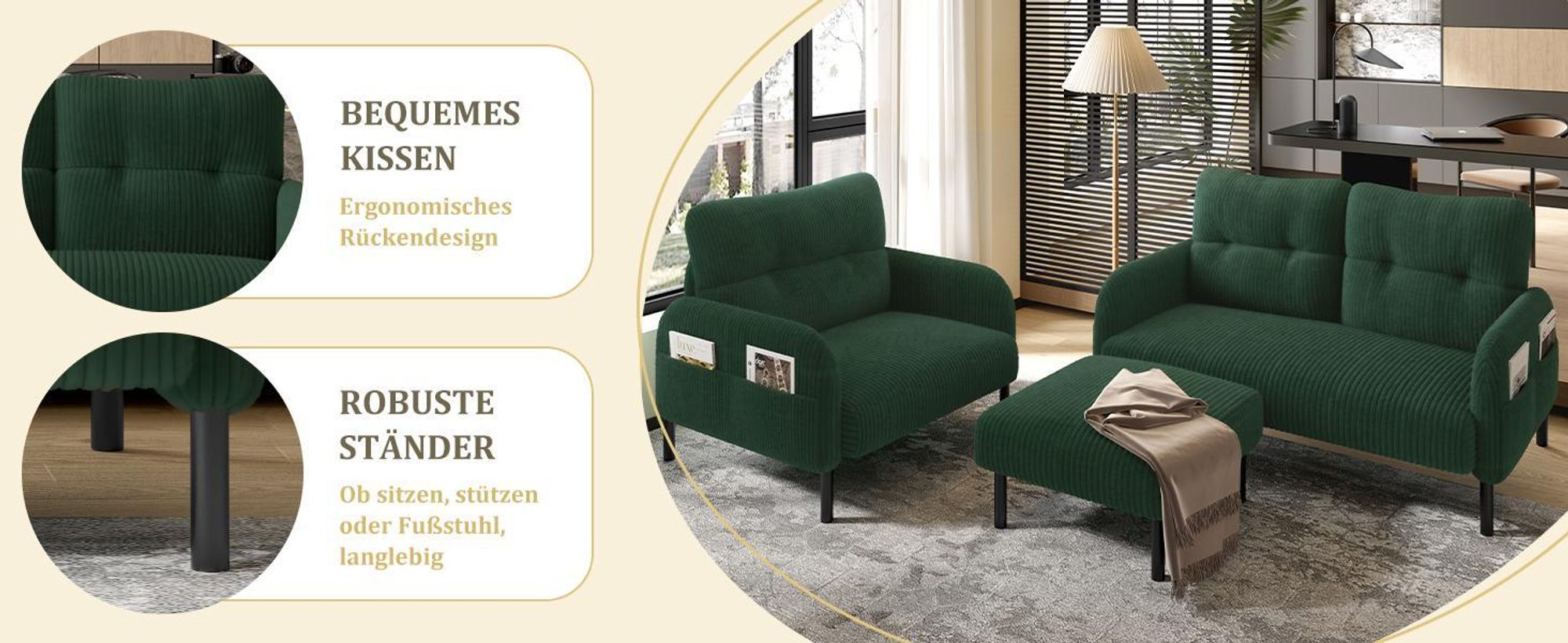LVHOM Cord 3er-Set 2-Sitzer+Sessel+Hocker, Flexibel für Wohnzimmer Ecksofa mit Seitentaschen, Sitzgruppe Grau