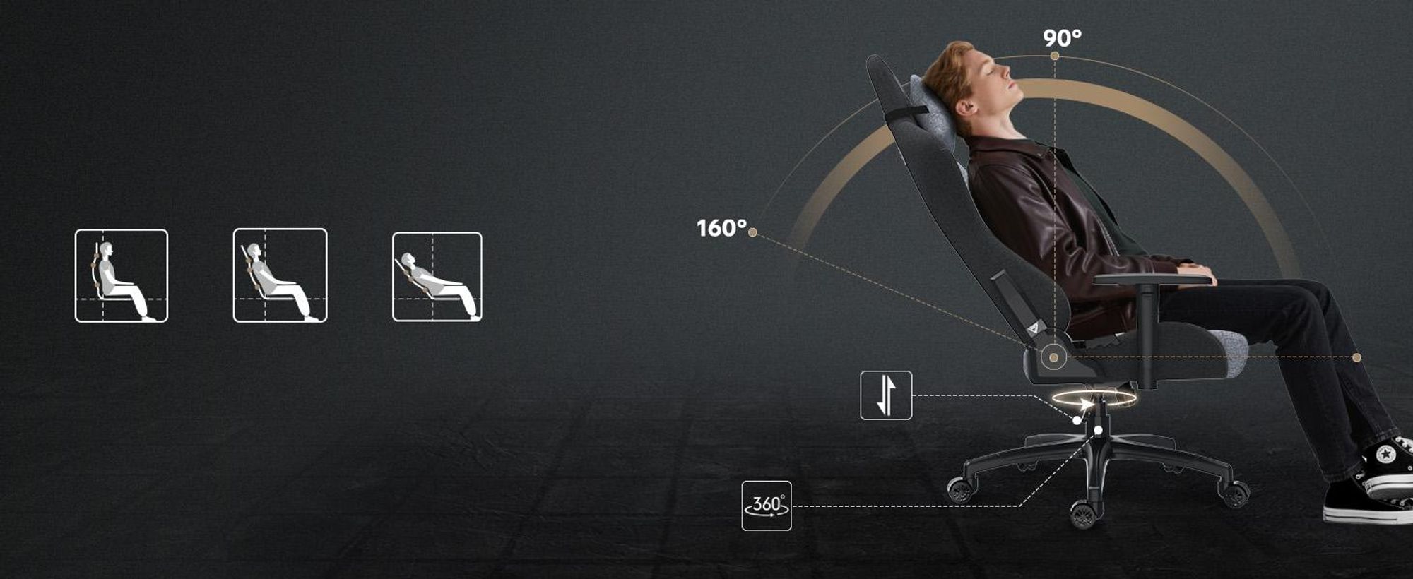 Herná stolička SENSE7 Spellcaster FUKU XL, látka, sivá a čierna – ergonomická kancelárska stolička, stolička k písacímu stolu, nosnosť do 160 kg, funkcia naklápania, kolieska na tvrdú podlahu