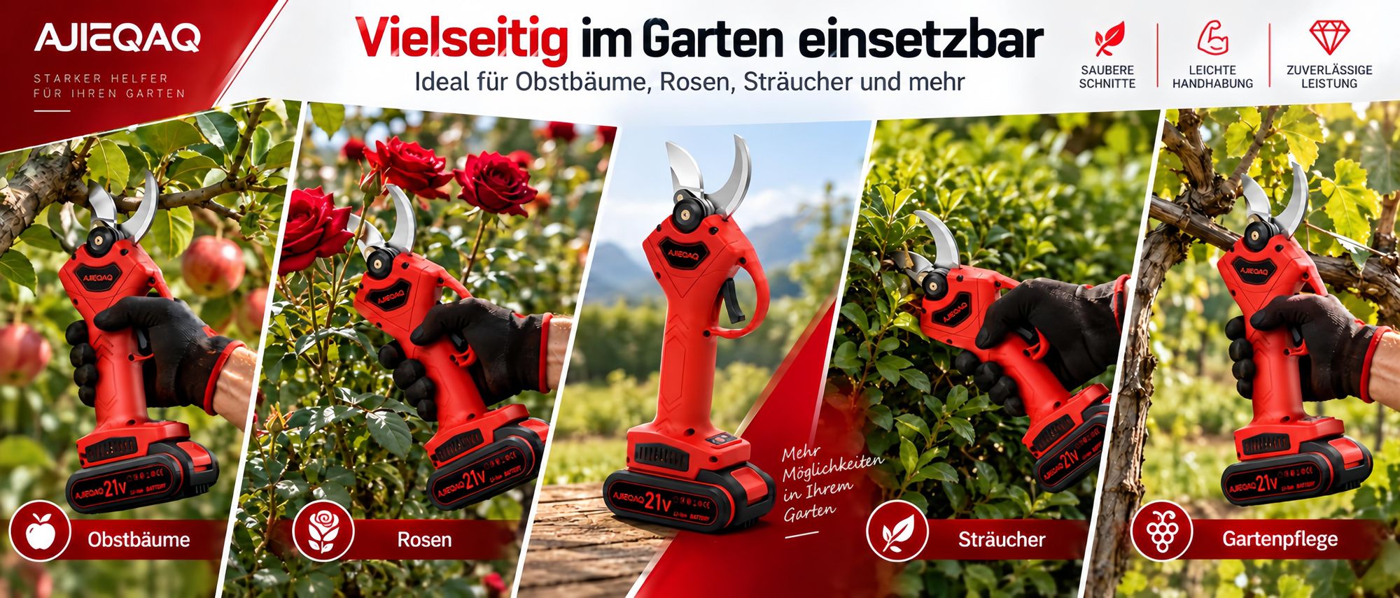 AJIEQAQ Elektrische Gartenschere 21V, Akku-Astschere Brushless, 2×2000mAh Akkus, 25mm Schnittkapazität, SK5 Klinge, Koffer