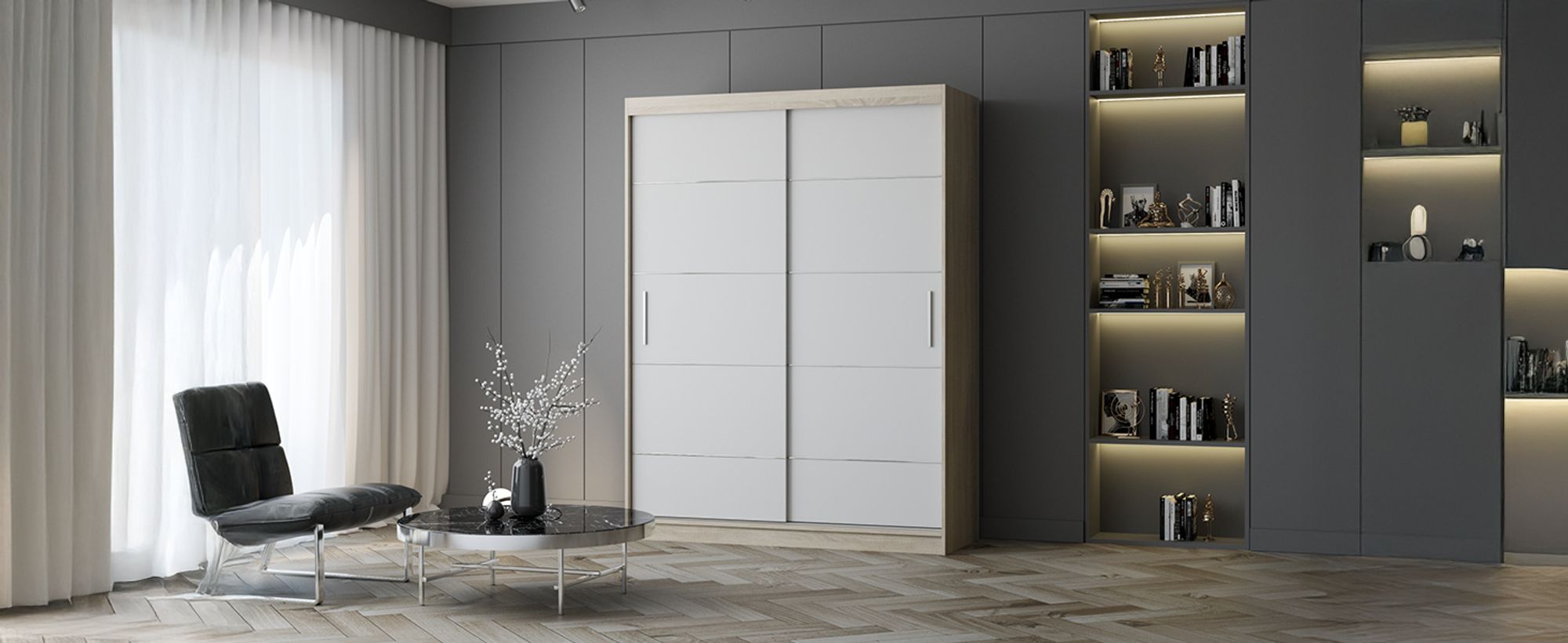 Schwebetürenschrank Kleiderschrank Schrank 150 cm Sonoma/Weiß mit Zierleisten Vista 06