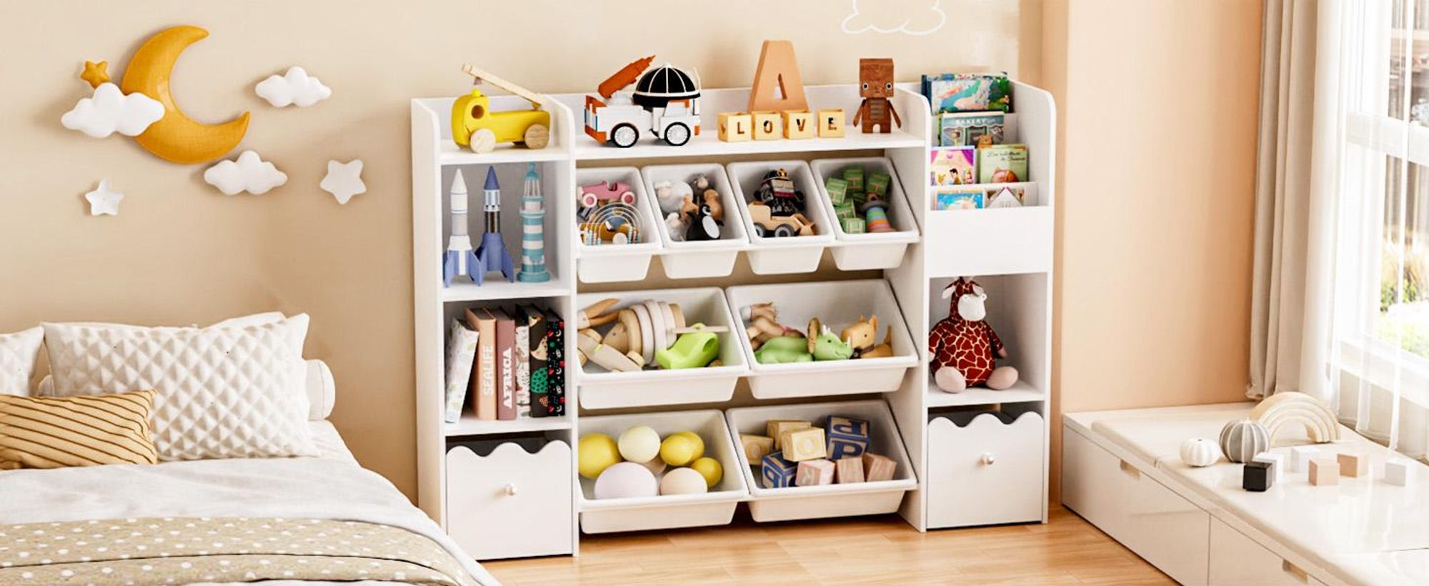 HOMMPA Kinder Bücherregal mit Rädern, 4-Tier Spielzeug-Organizer, 4-in-1 Regal mit Schublade, Aufbewahrung für Kinderzimmer, Kita & Spielraum, Weiß