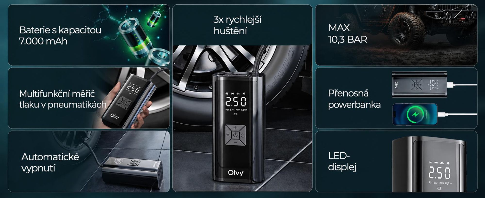 Olvy vzduchový kompresor 7000 mAh, mini pumpa na pneumatiky, elektrická kompresorová pumpa na kolo, elektrická vzduchová pumpa, mini kompresor na míče do auta na kolo