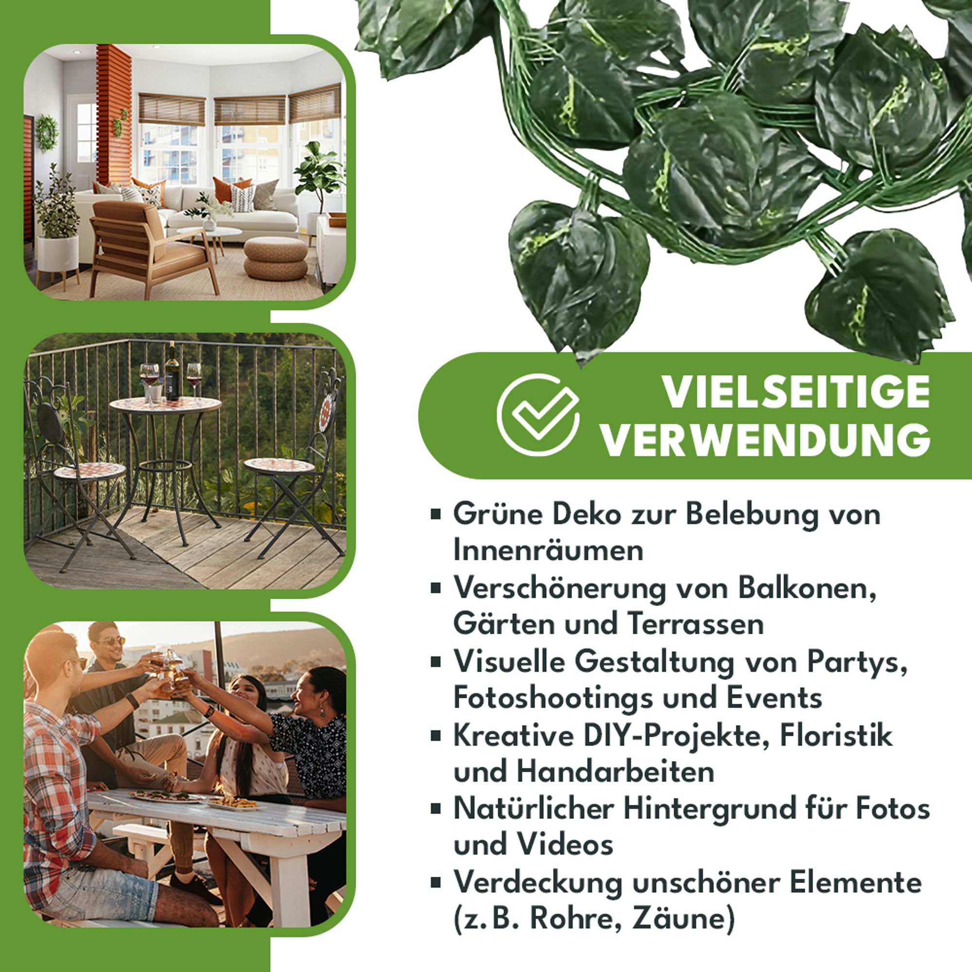 KRUMAD Künstlich Efeu Girlande 12 Stück Set 27 m Kunstpflanze Efeu Girlande für Balkon Garten Wanddeko Deko Wohnzimmer
