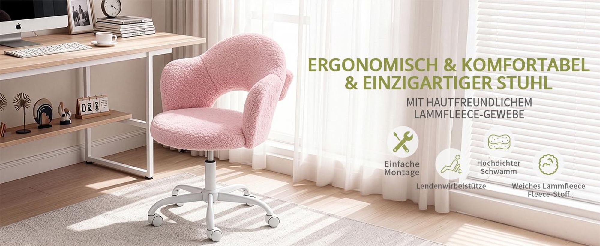 Alightup Drehstuhl in Blütenform mit Lendenkissen,Schreibtischstuhl, Gasfeder, Bezug aus Lammfellstoff, 1 Stück, 59×57×76‑85,5 cm, 360°, Rosa
