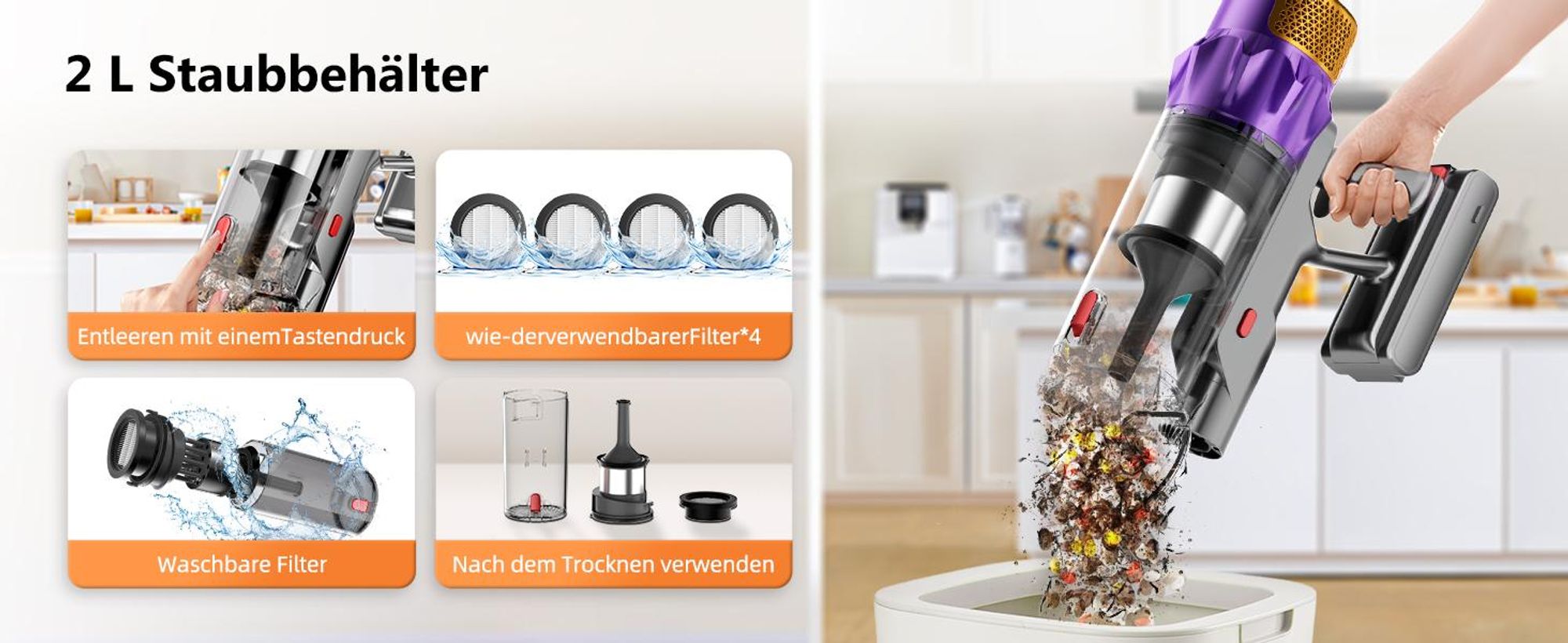 Hiazurm Akku Staubsauger, 85000Pa Staubsauger kabellos mit Touchscreen, HEPAx4, 80Min, Schlauchbürste, Staubsauger, 2L, Anti-Tangle-Staubsauger