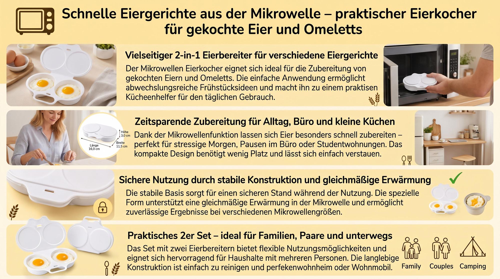 Mikrowellen Eierkocher 2er Set, Eierkocher für Mikrowelle für gekochte Eier und Omelett, schneller Frühstückshelfer für Büro, Studentenwohnung und kleine Küche-Schwarz