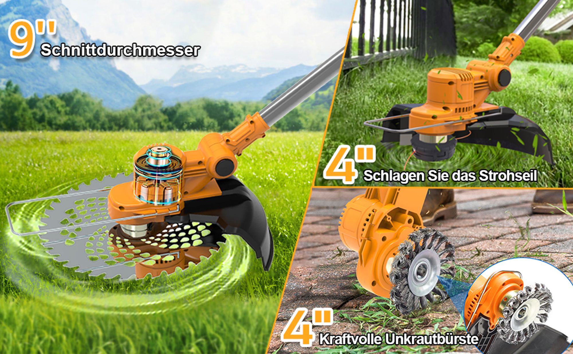 Akku Rasentrimmer mit 2× 4000mAh Akkus, 750W leistungsstarker Freischneider für Gartenarbeit, Rasentrimmer mit Unkrautbürste & Fugenbürste | Orange