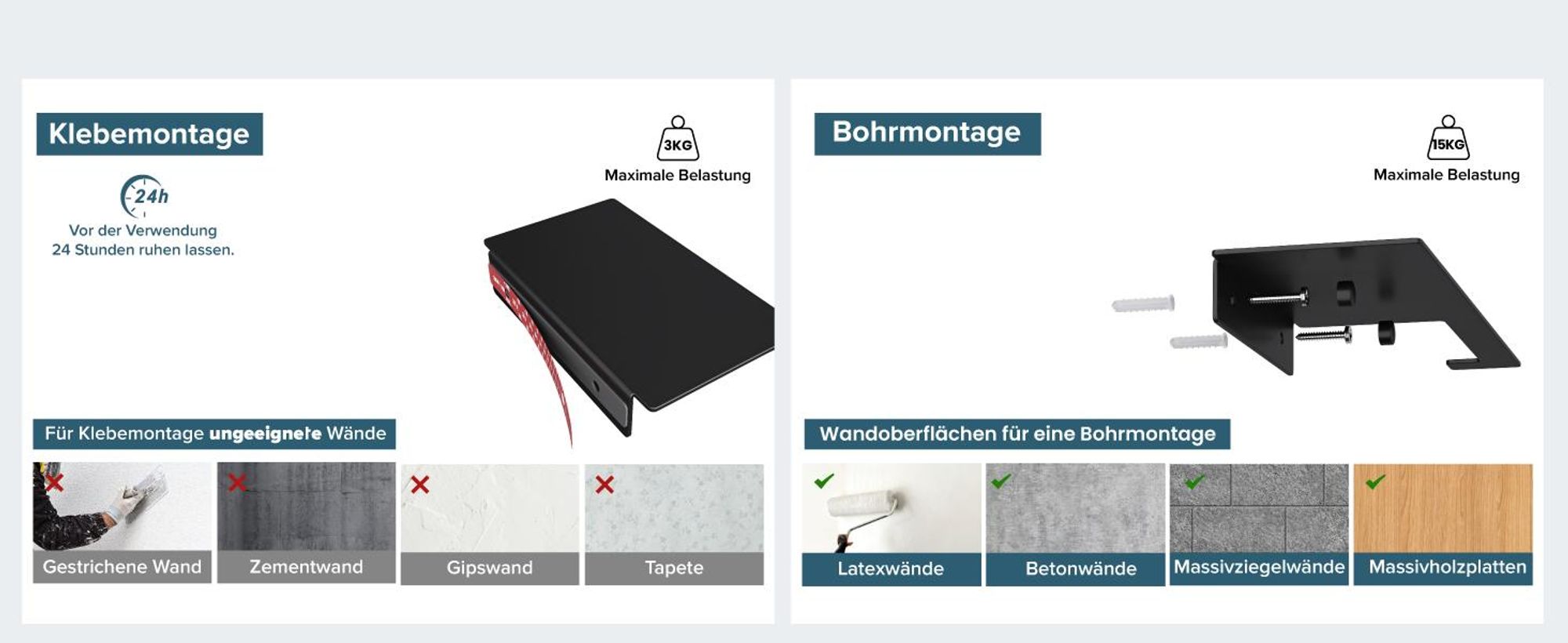 doporro Toilettenpapierhalter Kleben mit Ablage, Klopapierhalter ohne Bohren & mit Bohren, Klorollenhalter für Badezimmer Matt Schwarz Lino-01
