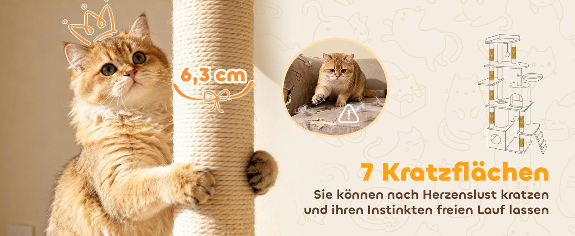 PawHut Kratzbaum 170cm Katzenturm mit Höhle, 2 Plüschballen, Sisalstämme