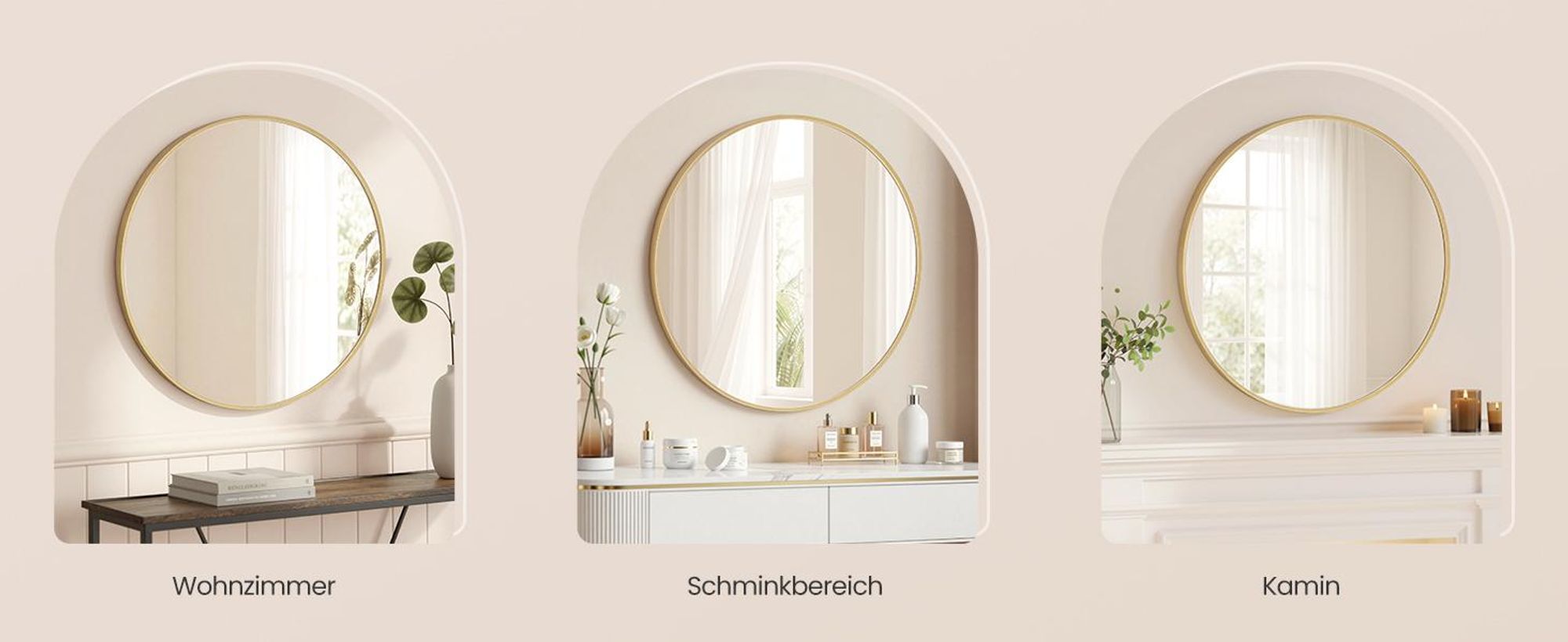 SONGMICS Wandspiegel, Spiegel rund, Metallrahmen, 50 cm d, für Bad, Wohnzimmer, Schlafzimmer, Flur, gold