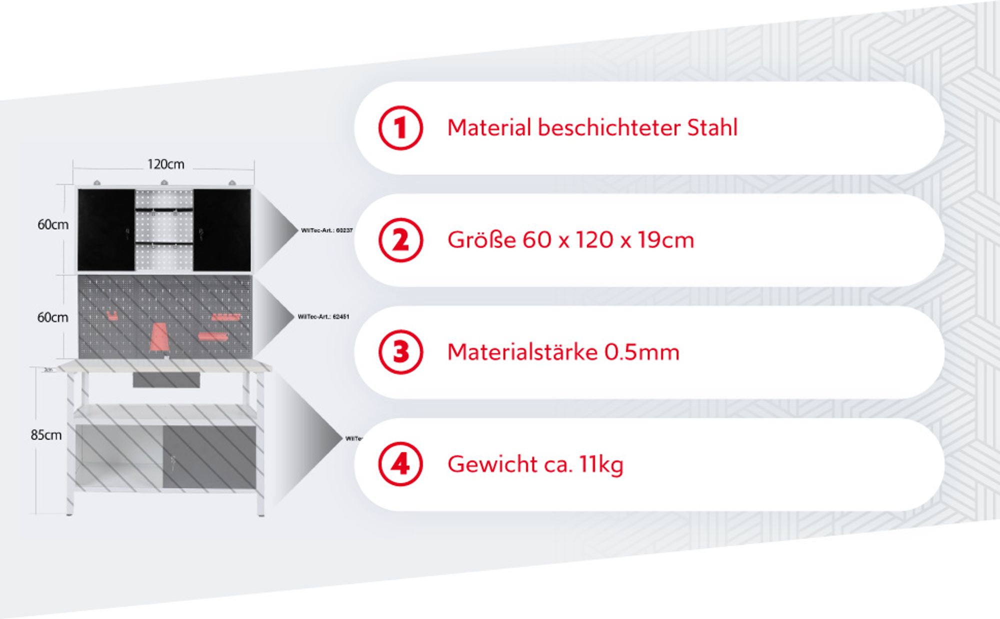 Wiltec Werkzeugschrank aus Stahl grau 60x120x19cm Werkstattschrank für Werkzeug und Geräte, abschließbar mit Lochwand Hängeschrank Werkstatteinrichtung
