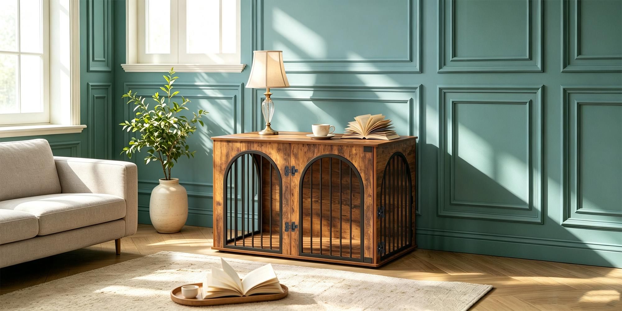 Hundekäfig Möbel, 100 cm Hundebox Möbel, 3 Türen, Vintagebraun Bogentür, Moderne Hundebox Indoor für Hunde, Beistelltisch, Hundekäfig Hochbelastbar