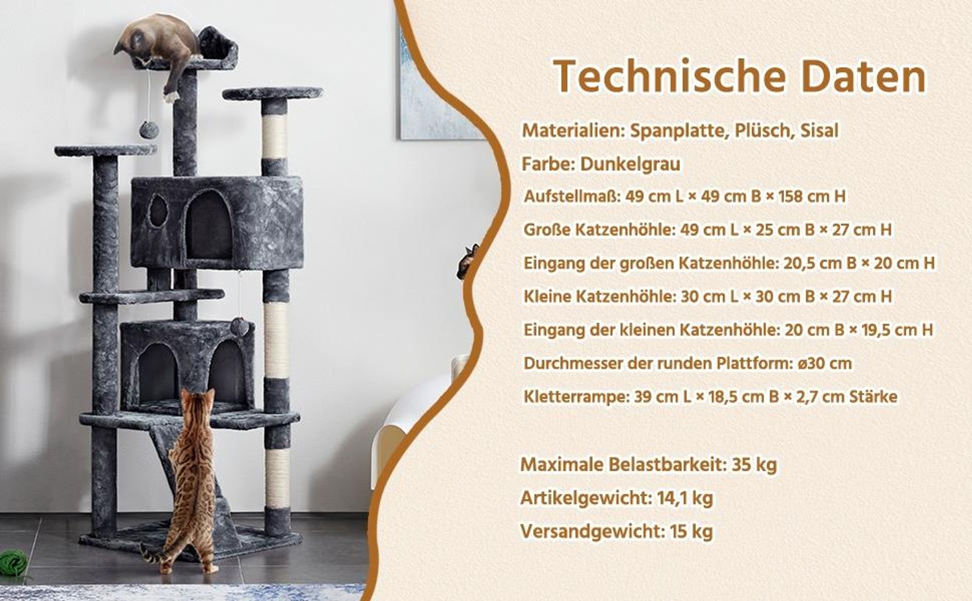 Yaheetech Kratzbaum Katzenbaum Stabiler Katzenkratzbaum Katzenmöbel, Kletterbaum für Katzen Höhe 158 cm, Dunkelgrau