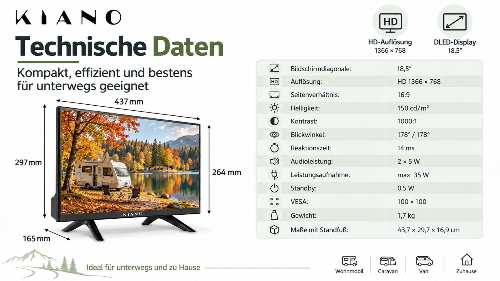 Kiano Slim TV Travel 19 Zoll (48 cm) Camping-Fernseher HD DLED 12V DVB-T2/S2/C