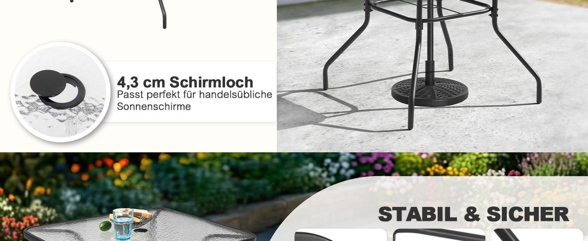 Gartentisch mit Tischplatte aus gehärtetem Glas, Schwarz