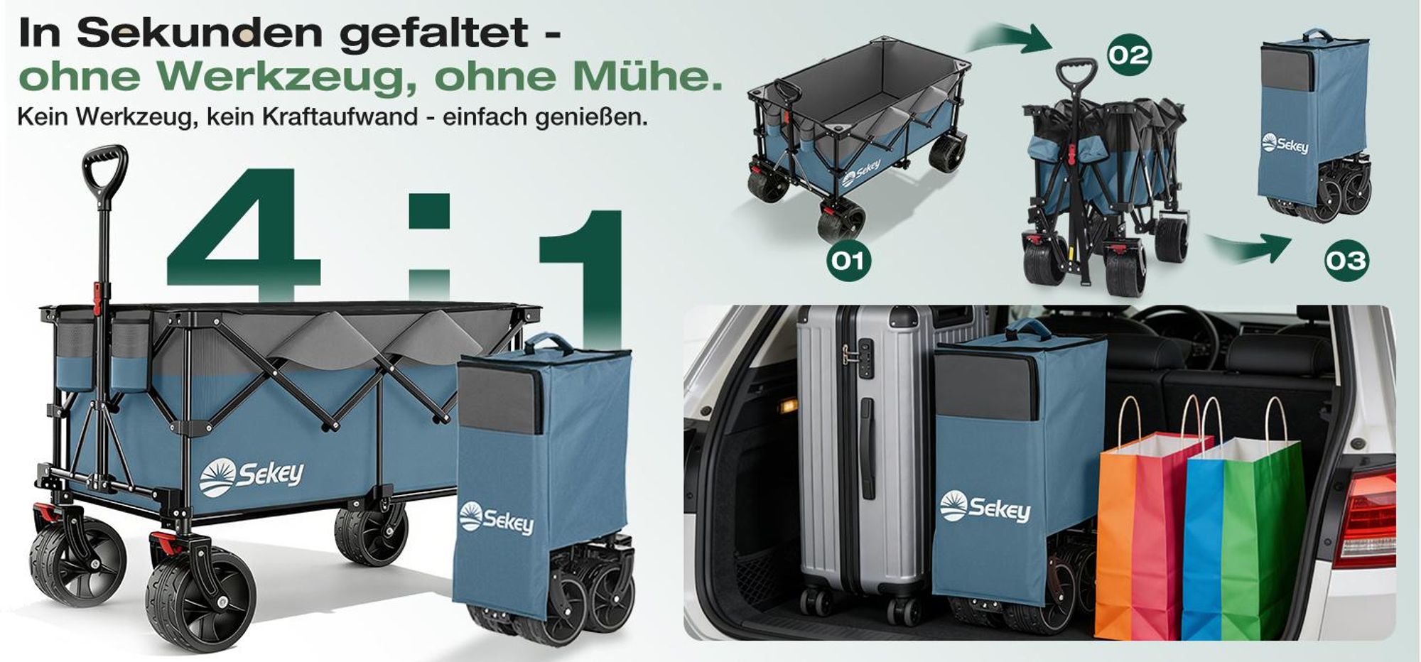 Sekey XXL Plus Bollerwagen Faltbar mit Extra Breite Räder, Faltbollerwagen belastbar 200kg Handwagen Klappbar Transportwagen, Grau und Blau