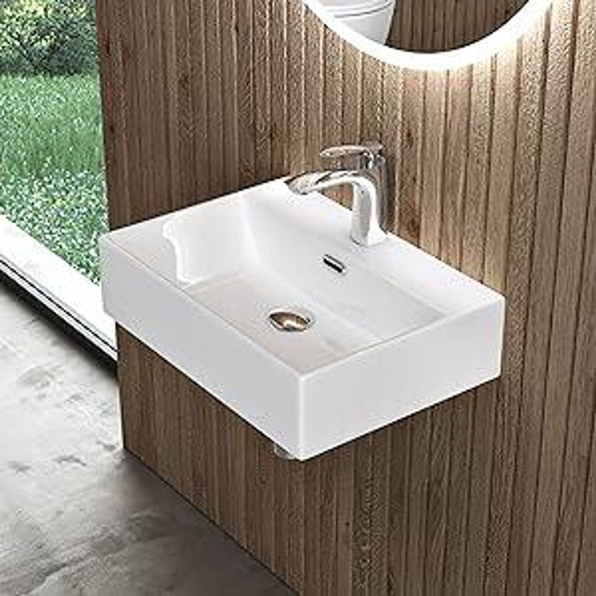 doporro Lavabo Bagno in Ceramica Bianco Lucido 60 cm – Lavabo Sospeso o da Appoggio Piccolo con Foro Rubinetto e Troppopieno (Brüssel206)