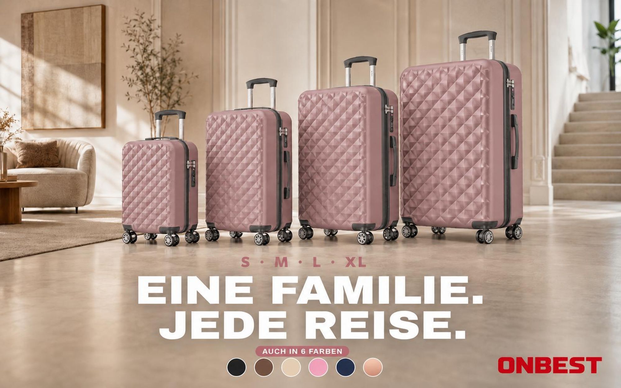 ONBEST Hartschalen Koffer Set | 4-teilig | Rose Gold | mit TSA-Schloss | USB-Anschluss | viel Zubehör | 360° Doppelrollen