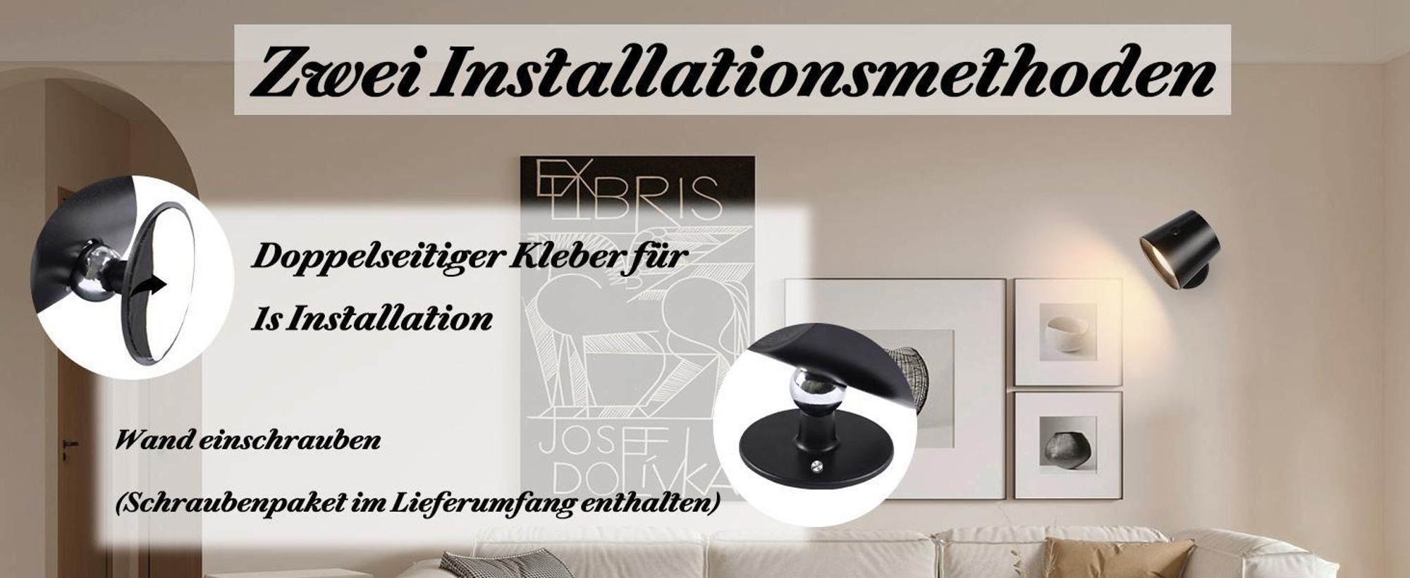 ZMH LED Wandleuchte Schwarz 1ER Innen Wandlampe Akku Touch Control 360° Drehbare 3 Helligkeitsstufen Kabellose Für Kinder Wohnzimmer Schlafzimmer Flur