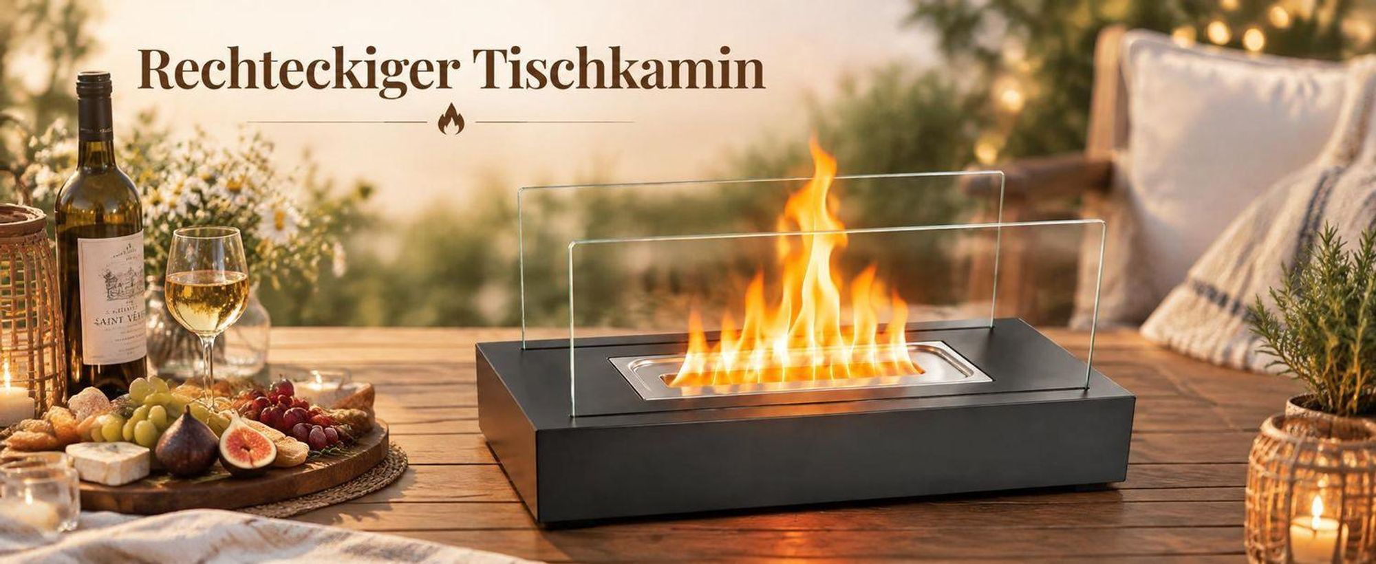 ZMH, chimenea de bioetanol rectangular, color negro, 35 cm, capacidad de 250 ml, acero inoxidable, con recipiente de vidrio, para interiores y exteriores, chimenea de mesa, fuego decorativo, fuego de vidrio