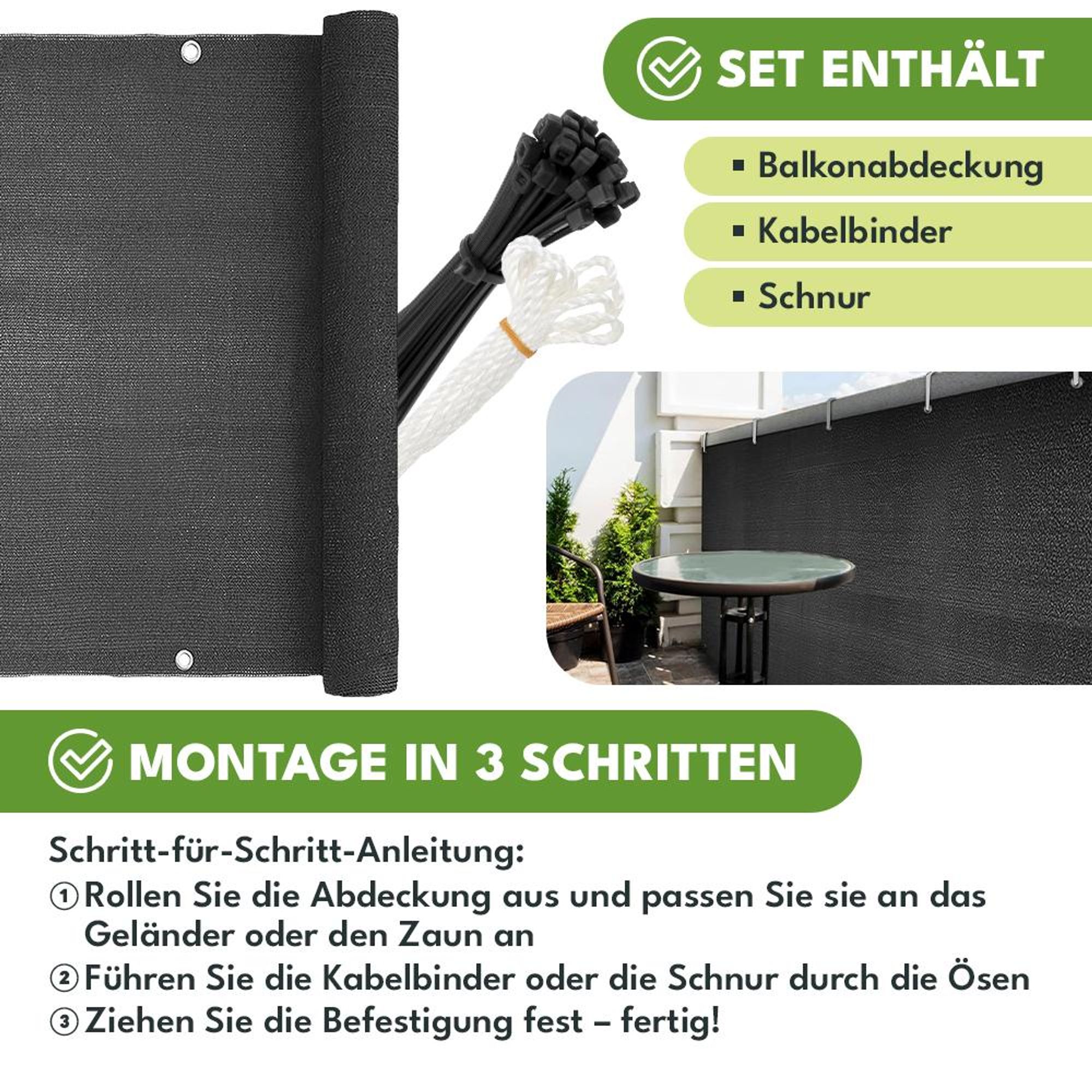 KRUMAD Balkon Sichtschutz 0,9m x 5m Wetterfest 95% Schattierung Schattierung 180g/m² PEHD UV- & Windschutz, Schnur Anthrazitgrau